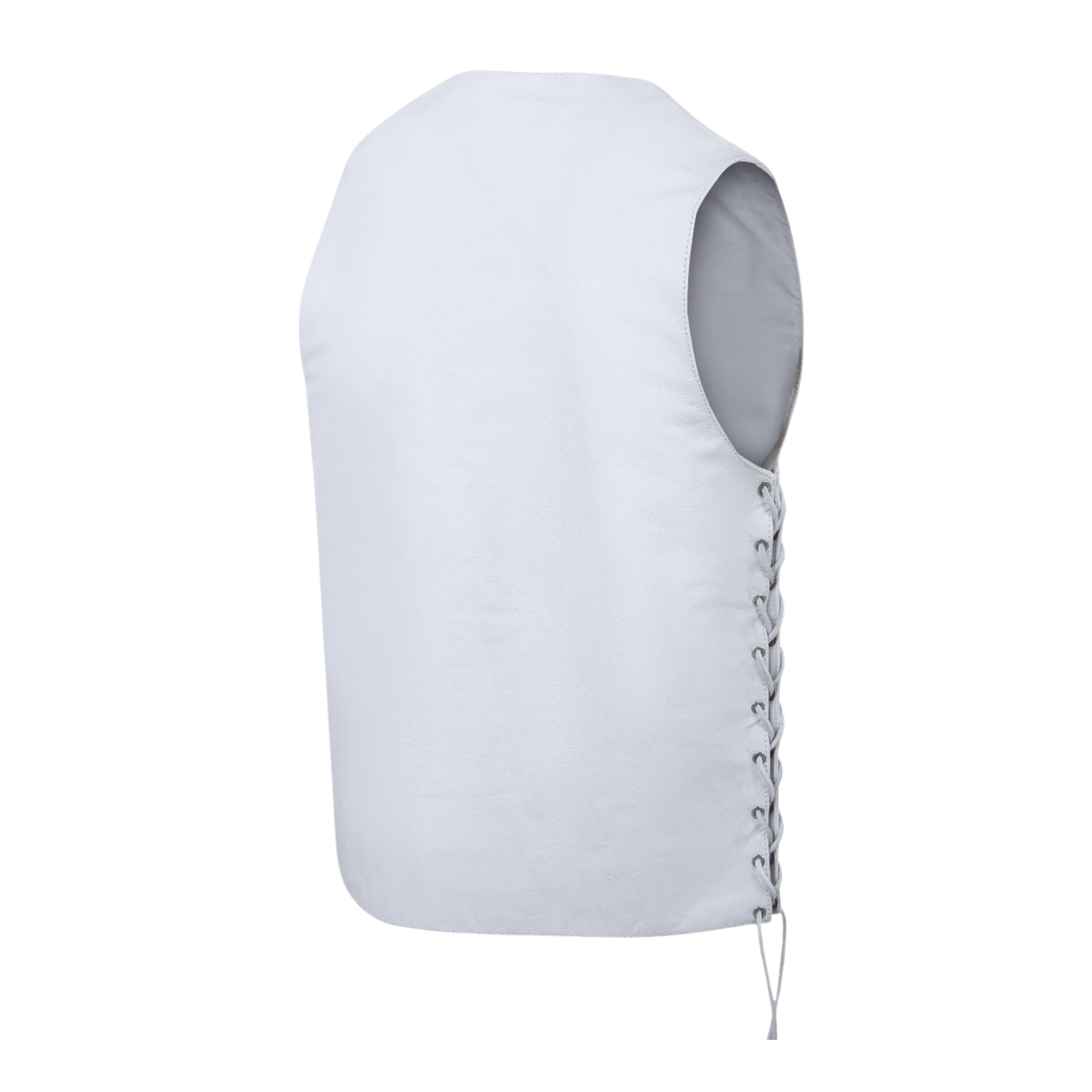 Men's White Traditional Style Leather Motorcycle Vest – Classic Biker Vest with Side Lacing and Snap Closure