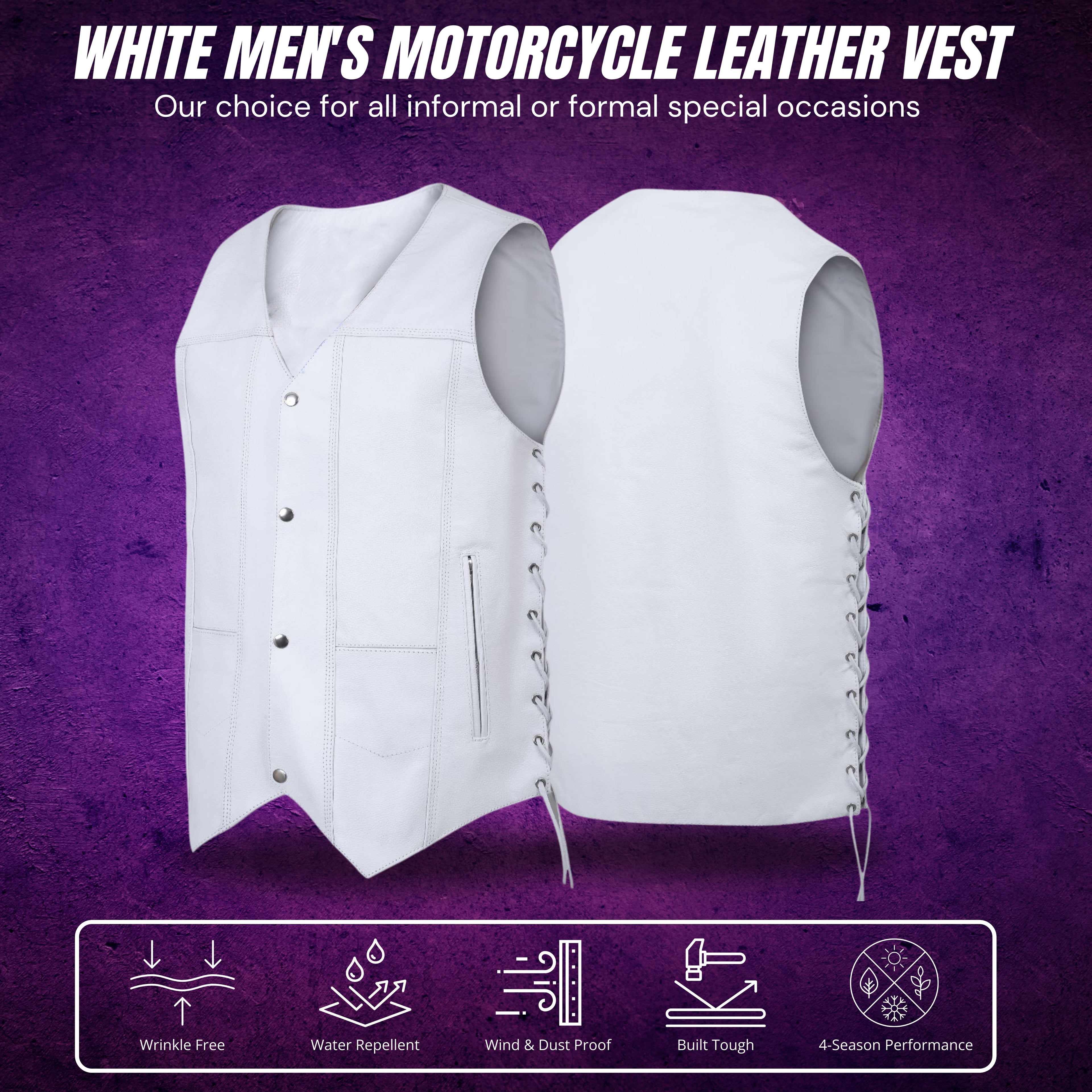 Men's White Traditional Style Leather Motorcycle Vest – Classic Biker Vest with Side Lacing and Snap Closure