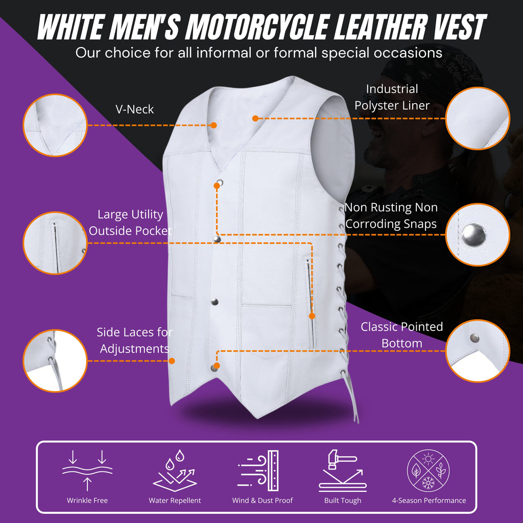 Men's White Traditional Style Leather Motorcycle Vest – Classic Biker Vest with Side Lacing and Snap Closure