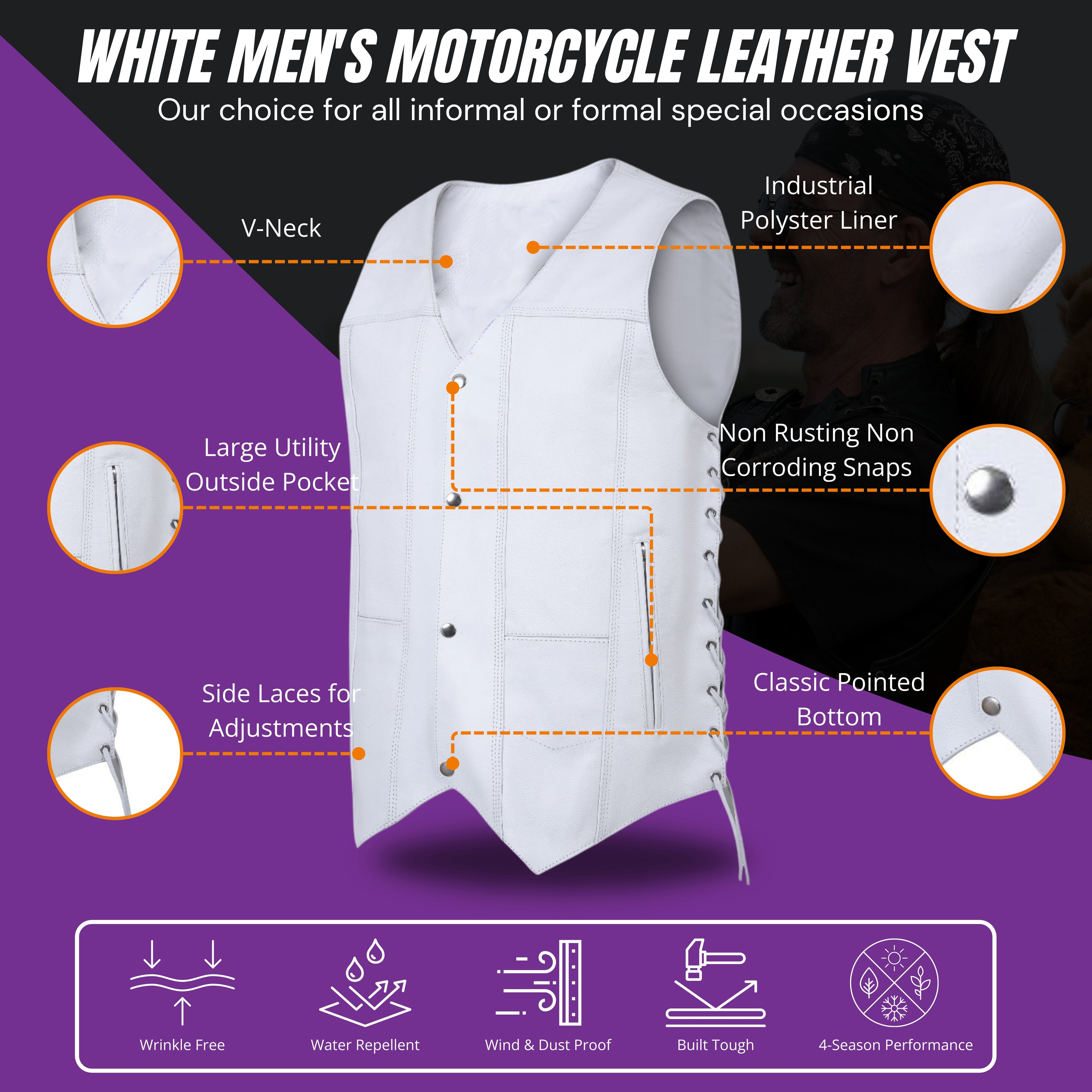 Men's White Traditional Style Leather Motorcycle Vest – Classic Biker Vest with Side Lacing and Snap Closure