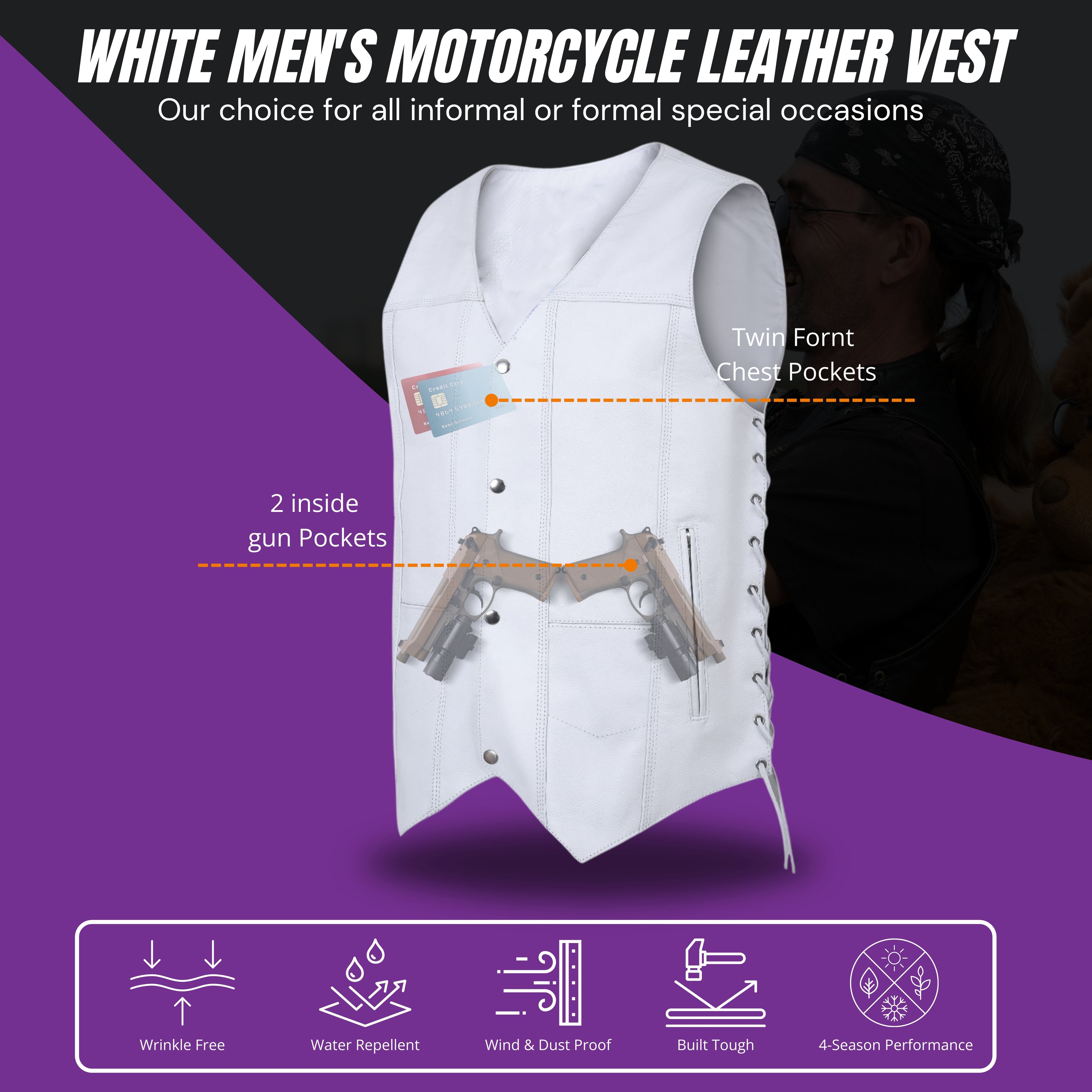 Men's White Traditional Style Leather Motorcycle Vest – Classic Biker Vest with Side Lacing and Snap Closure