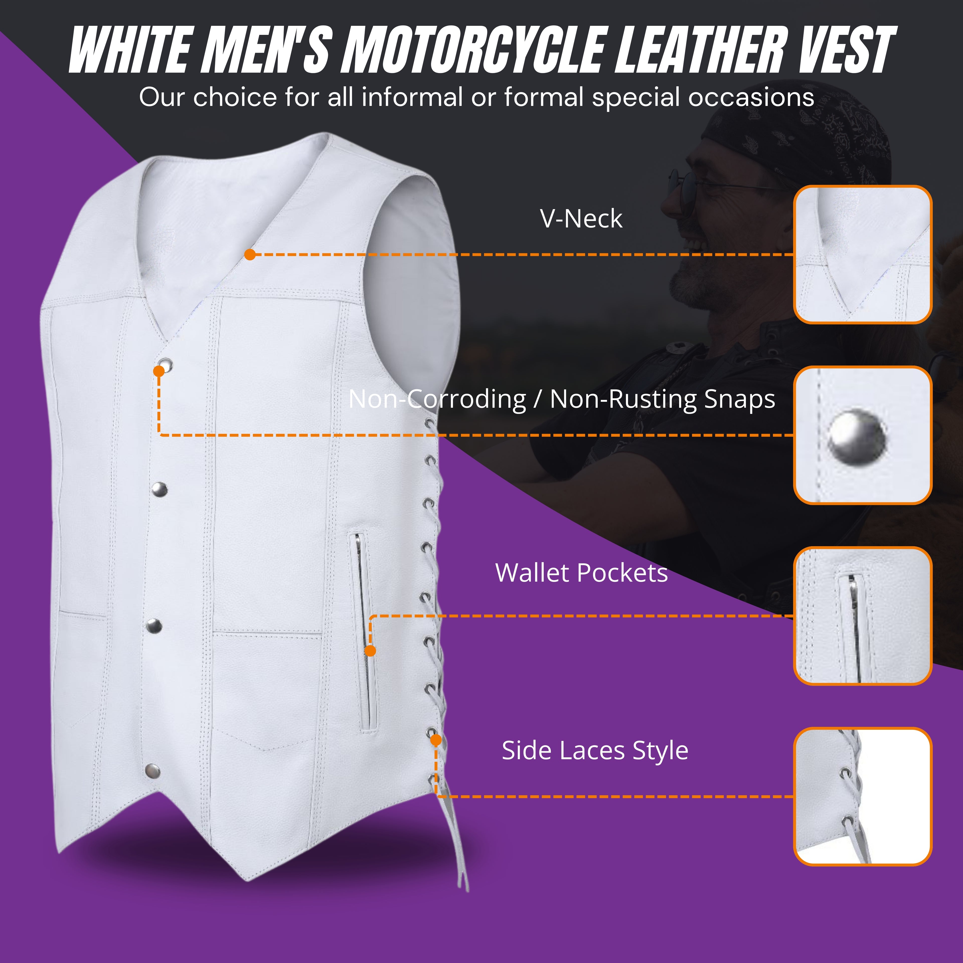 Men's White Traditional Style Leather Motorcycle Vest – Classic Biker Vest with Side Lacing and Snap Closure