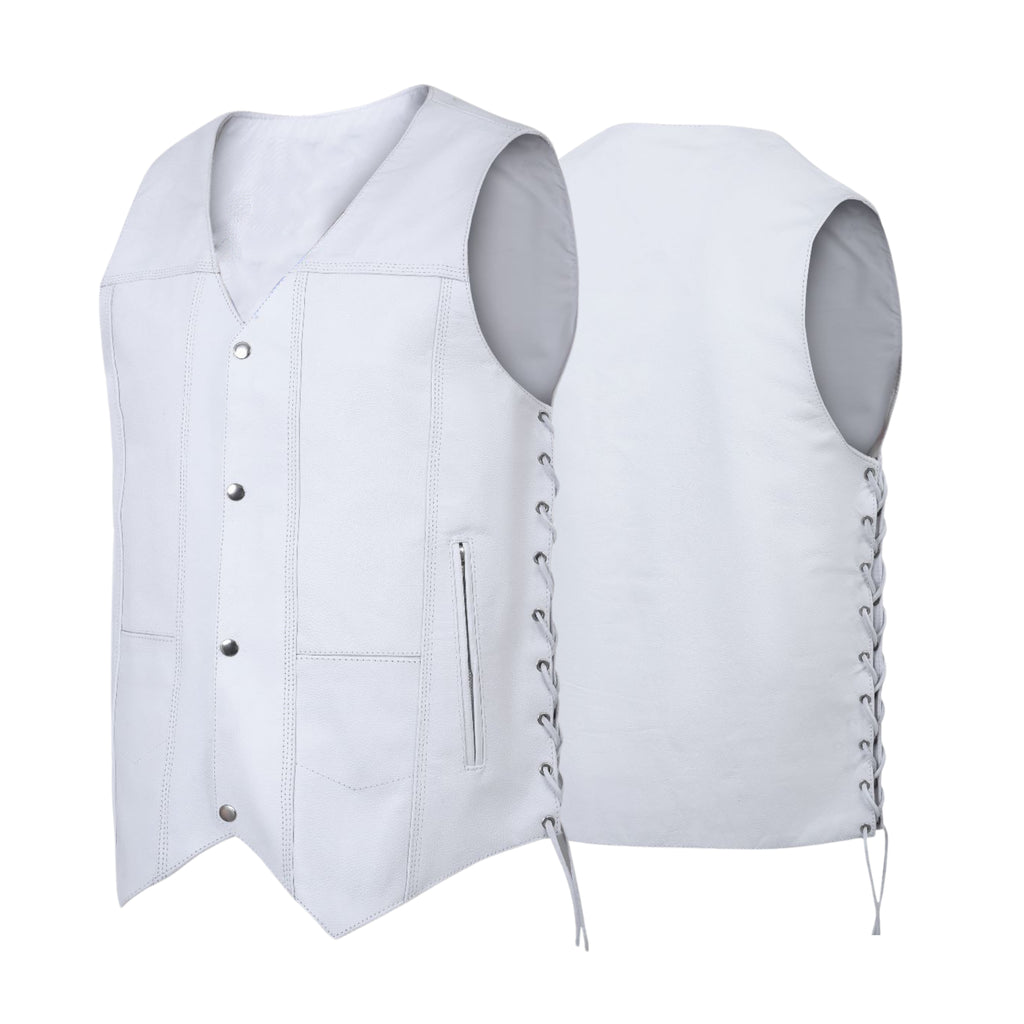 Men's White Traditional Style Leather Motorcycle Vest – Classic Biker Vest with Side Lacing and Snap Closure