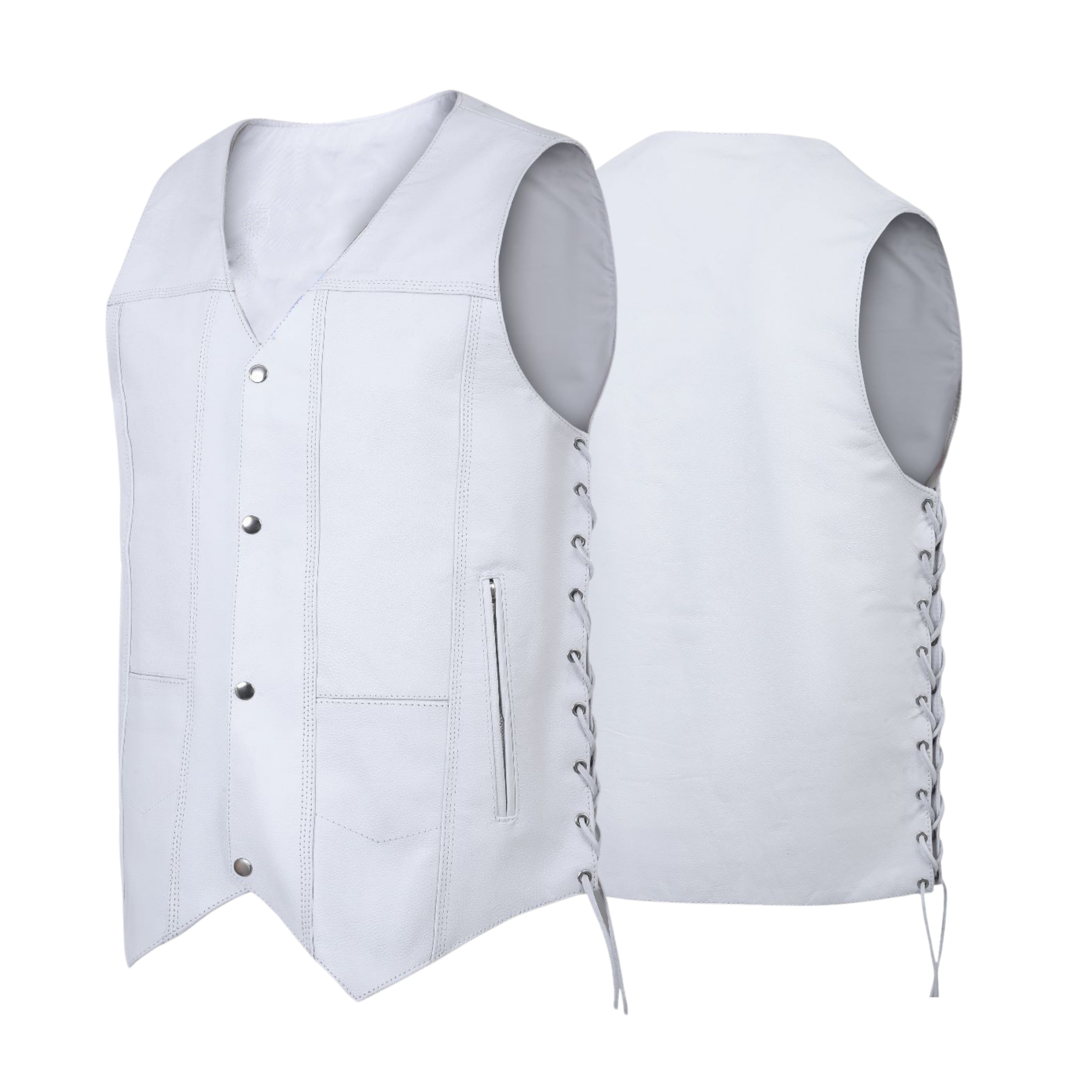 Men's White Traditional Style Leather Motorcycle Vest – Classic Biker Vest with Side Lacing and Snap Closure