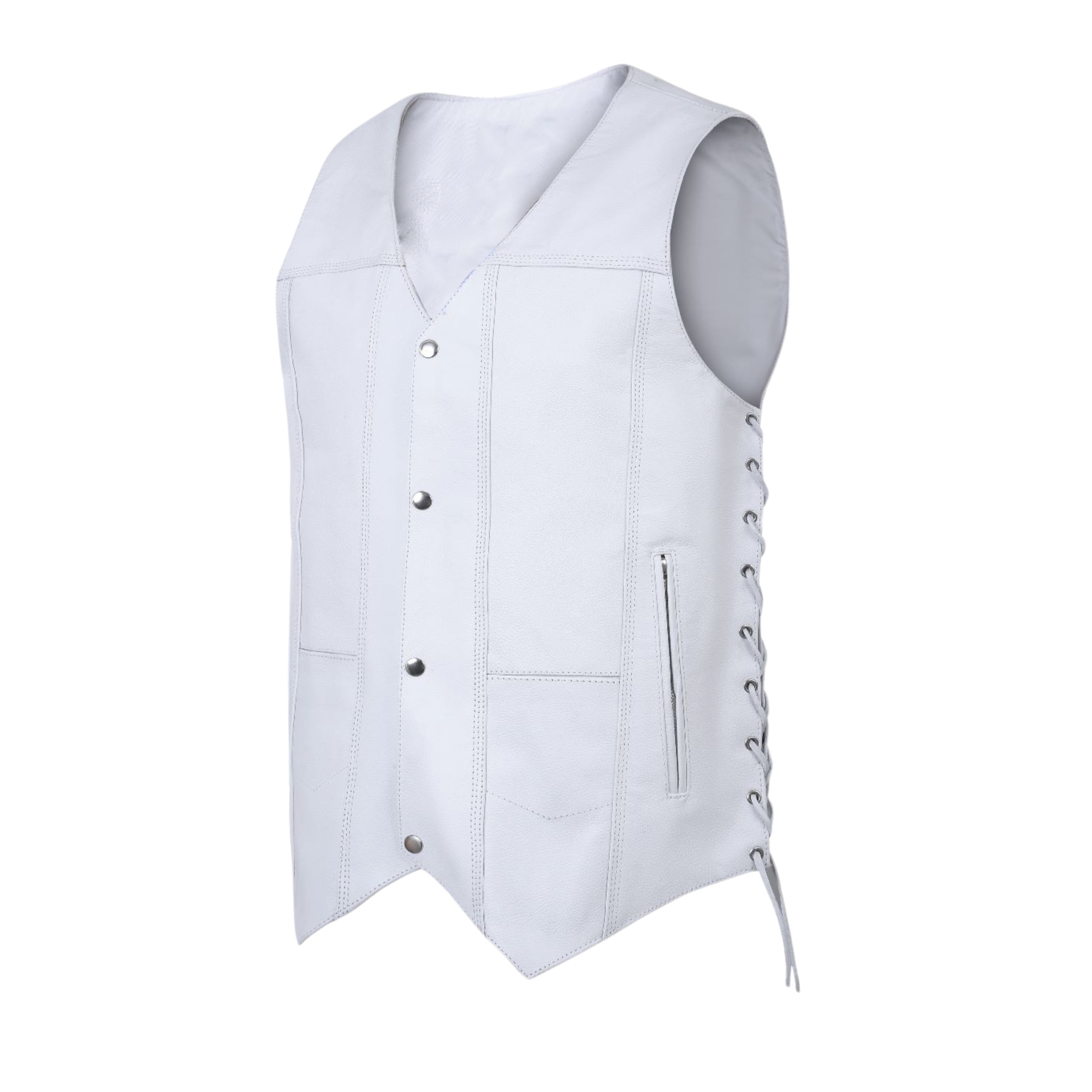 Men's White Traditional Style Leather Motorcycle Vest – Classic Biker Vest with Side Lacing and Snap Closure