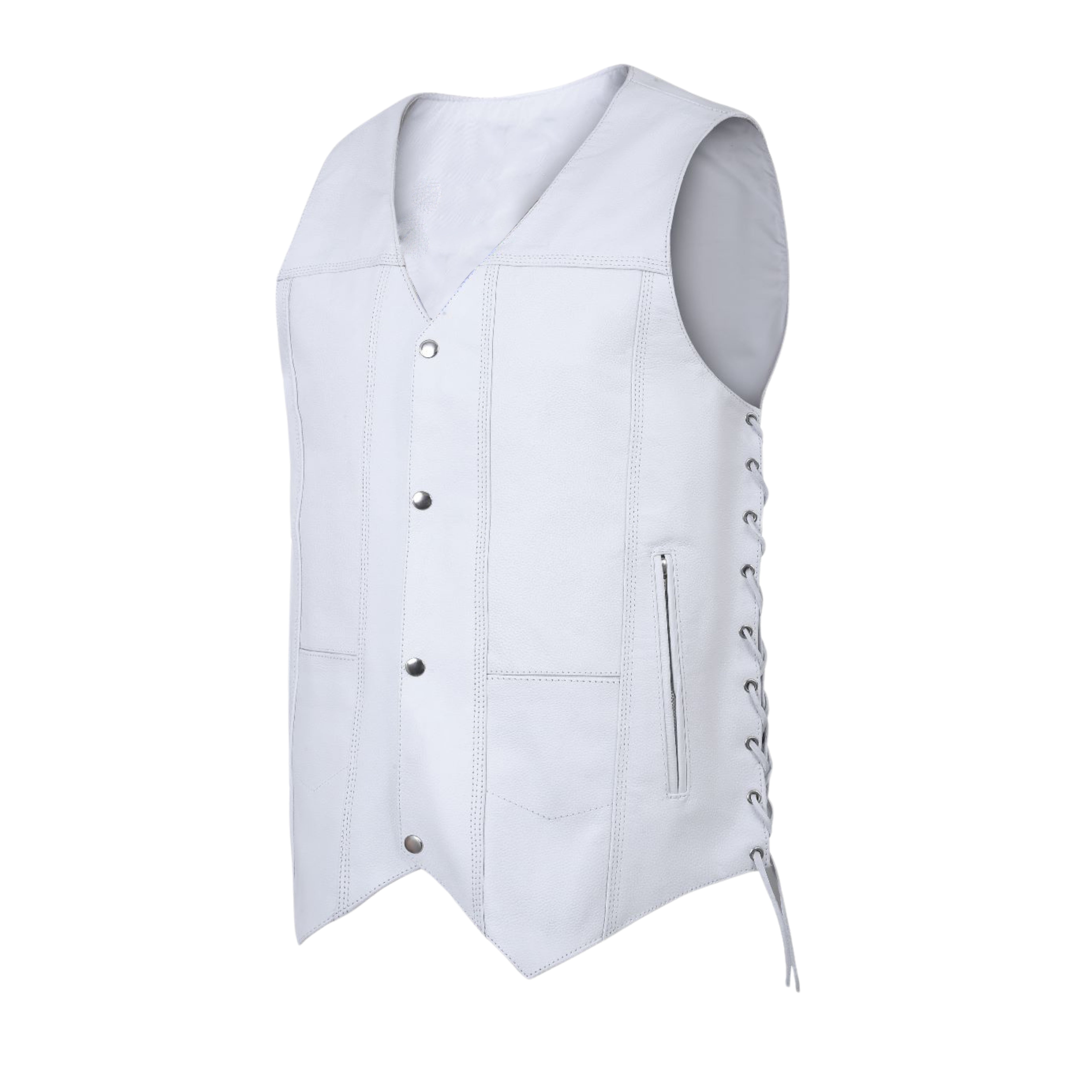 Men's White Traditional Style Leather Motorcycle Vest – Classic Biker Vest with Side Lacing and Snap Closure