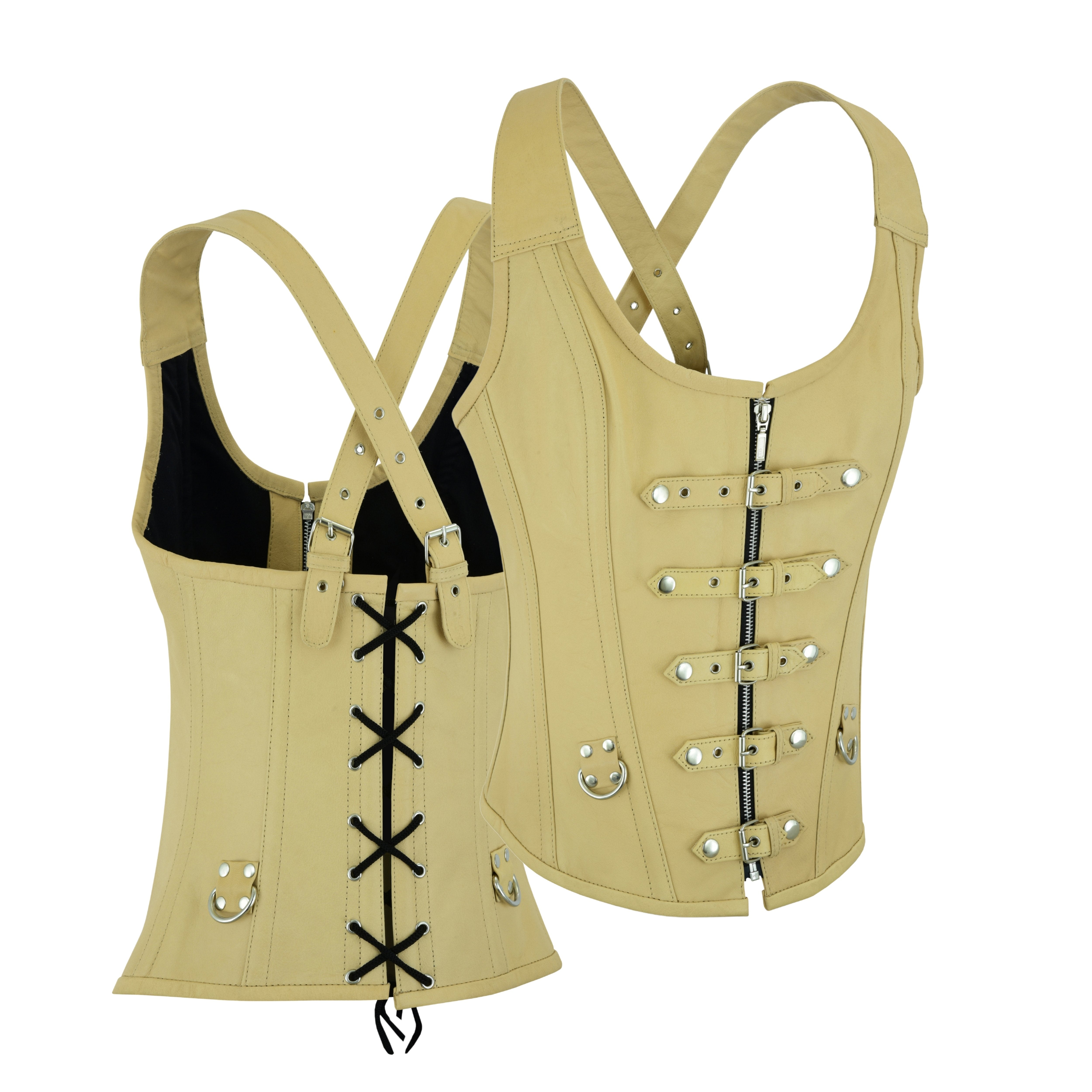 Tan Real Leather Corset Bustier – Steel Boned with Strap & Lacing Design by Rexons