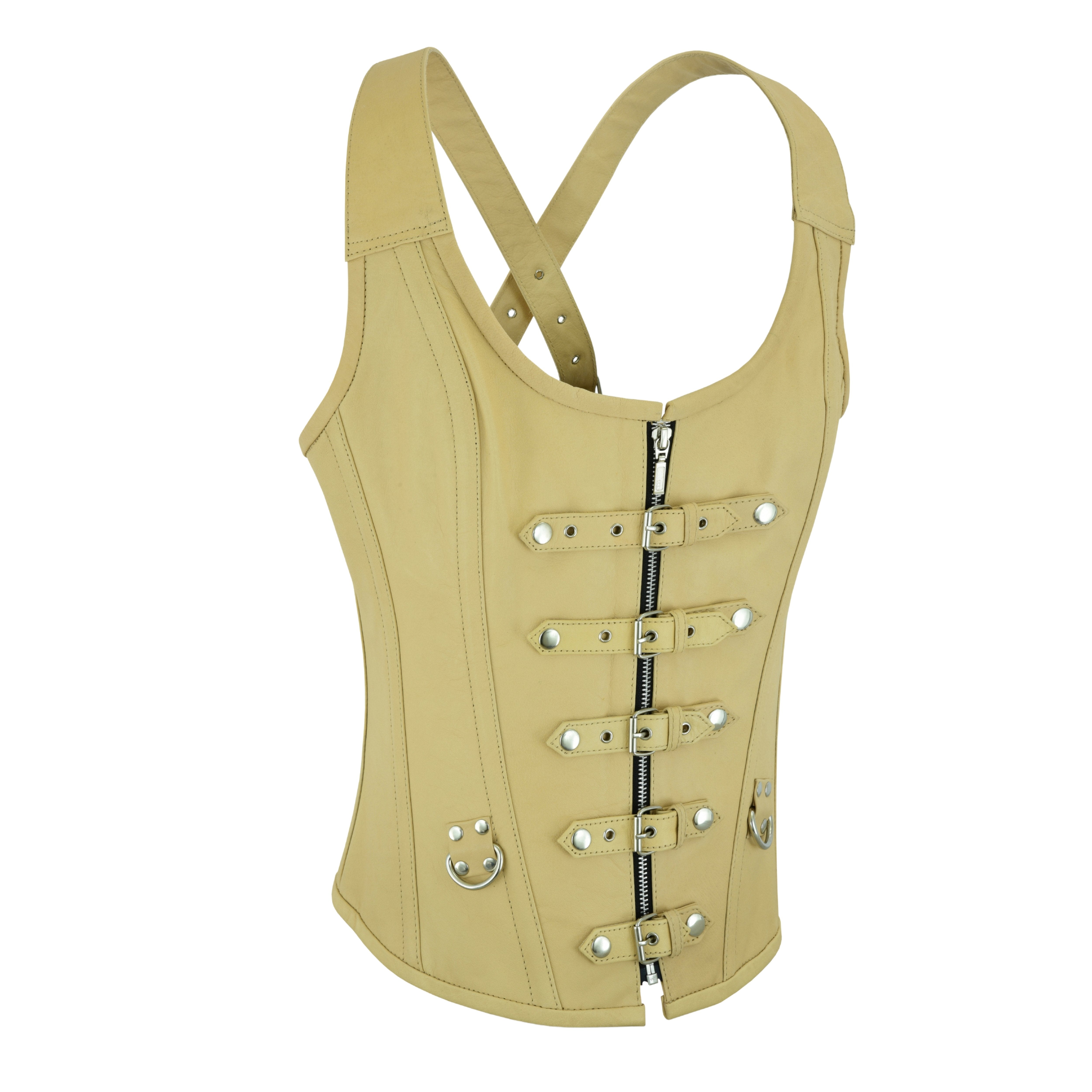 Tan Real Leather Corset Bustier – Steel Boned with Strap & Lacing Design by Rexons