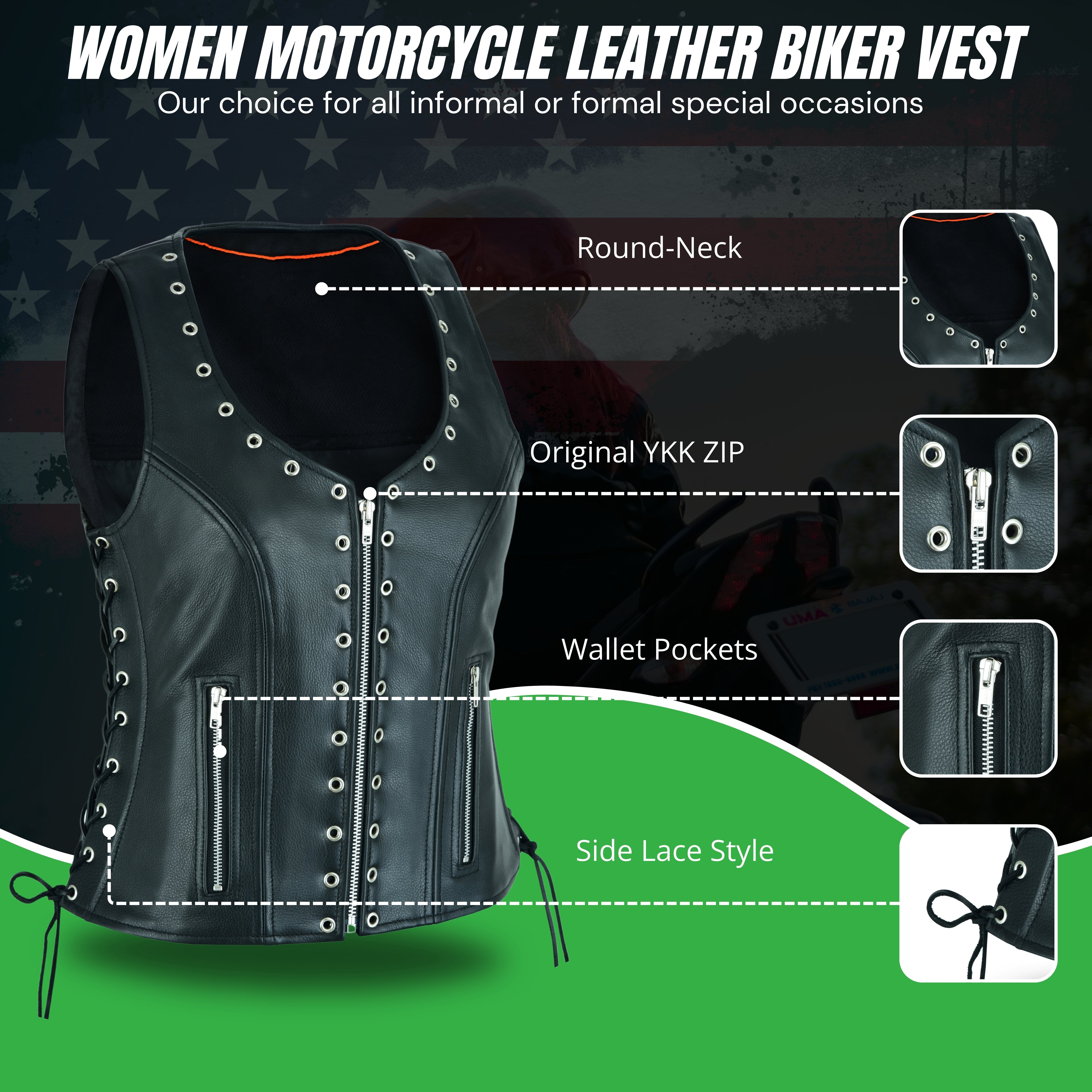 Women’s Eyelet Leather Vest – Longer Length Premium Fit by Rexons
