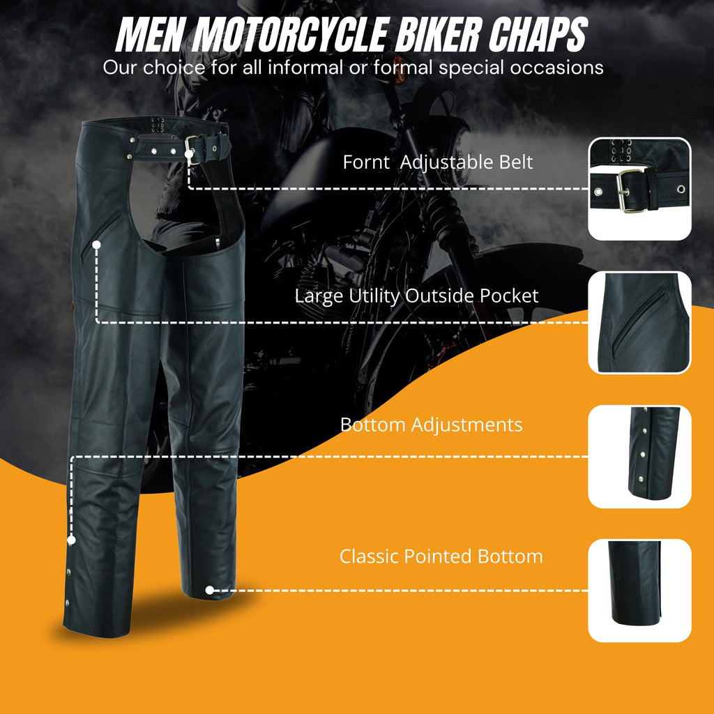 NKD Heavy Buffalo Leather Lined Motorcycle Riding Biker Chap-Black