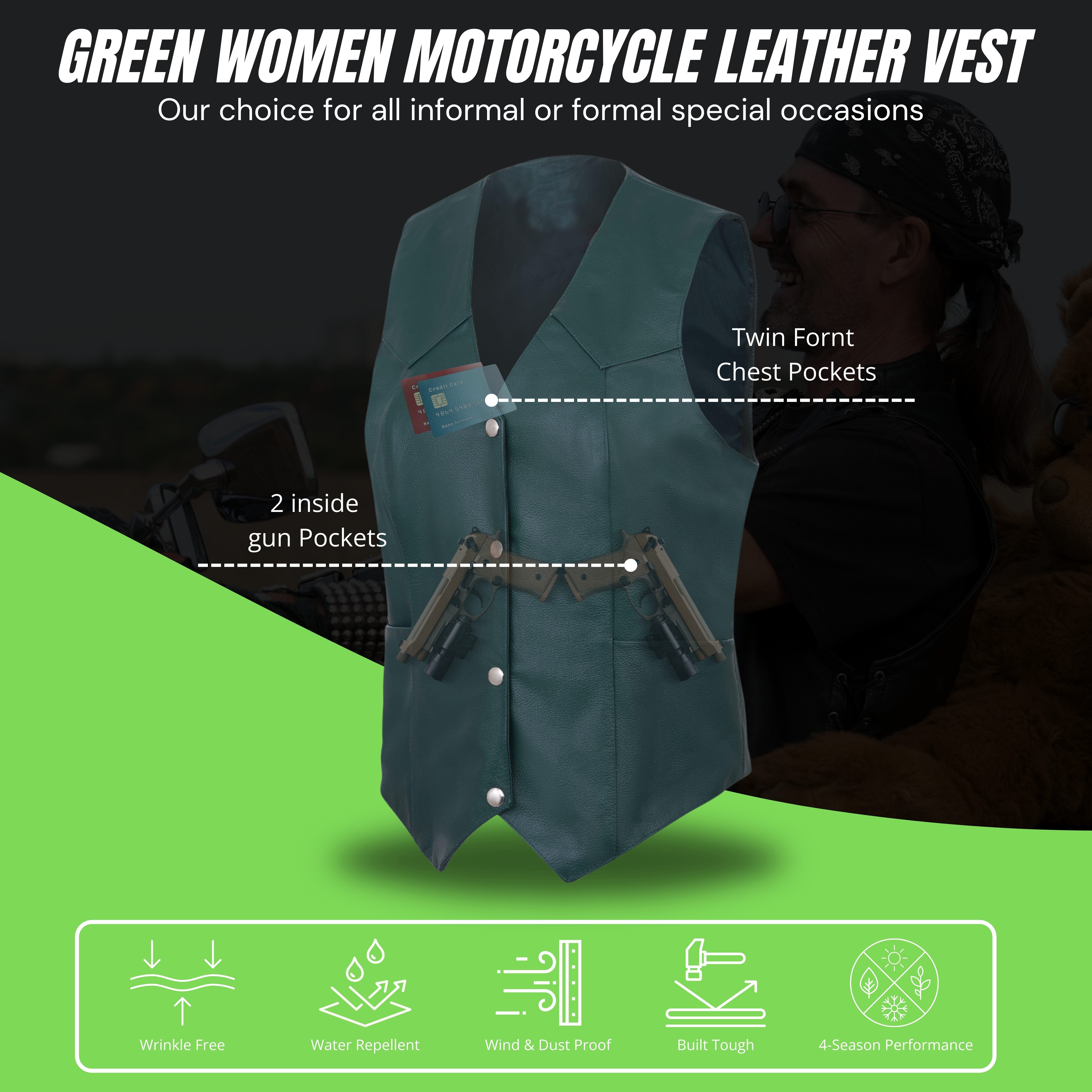 Women’s Soft Leather Motorcycle Biker Vest – Classic Sleeveless Riding Vest by Rexons