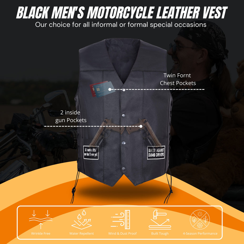 Men’s Motorcycle Leather Vest – USA Flag & American Eagle Design – Premium Biker Club Cut with Concealed Gun Pocket