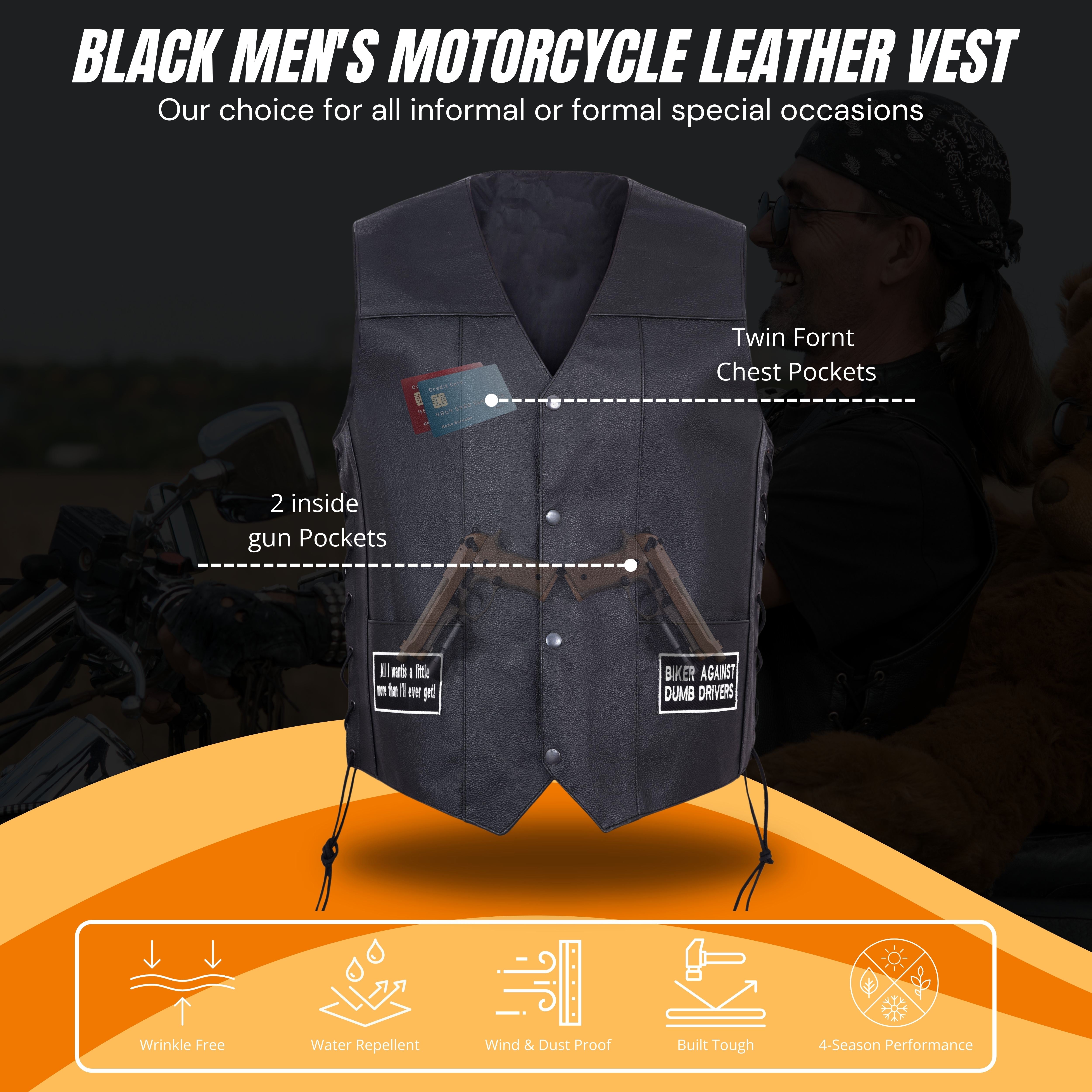 Men’s Motorcycle Leather Vest – USA Flag & American Eagle Design – Premium Biker Club Cut with Concealed Gun Pocket