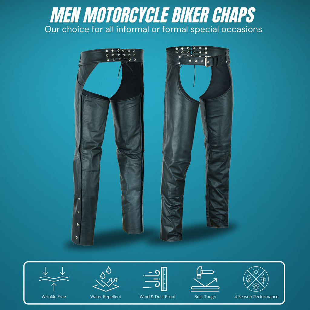 Men's Classic Black Leather Motorcycle Chaps with Jeans-Style Pockets