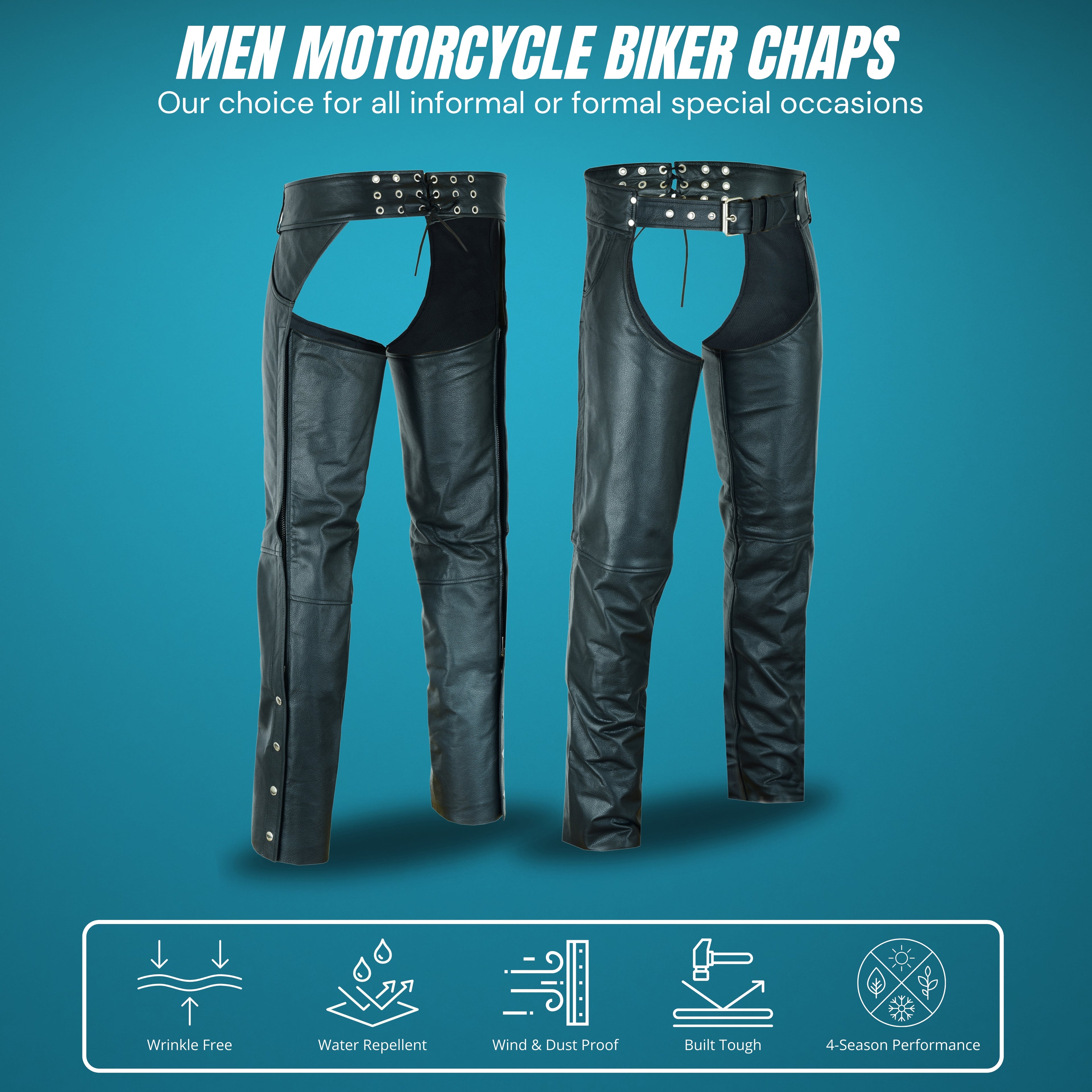 Men's Classic Black Leather Motorcycle Chaps with Jeans-Style Pockets