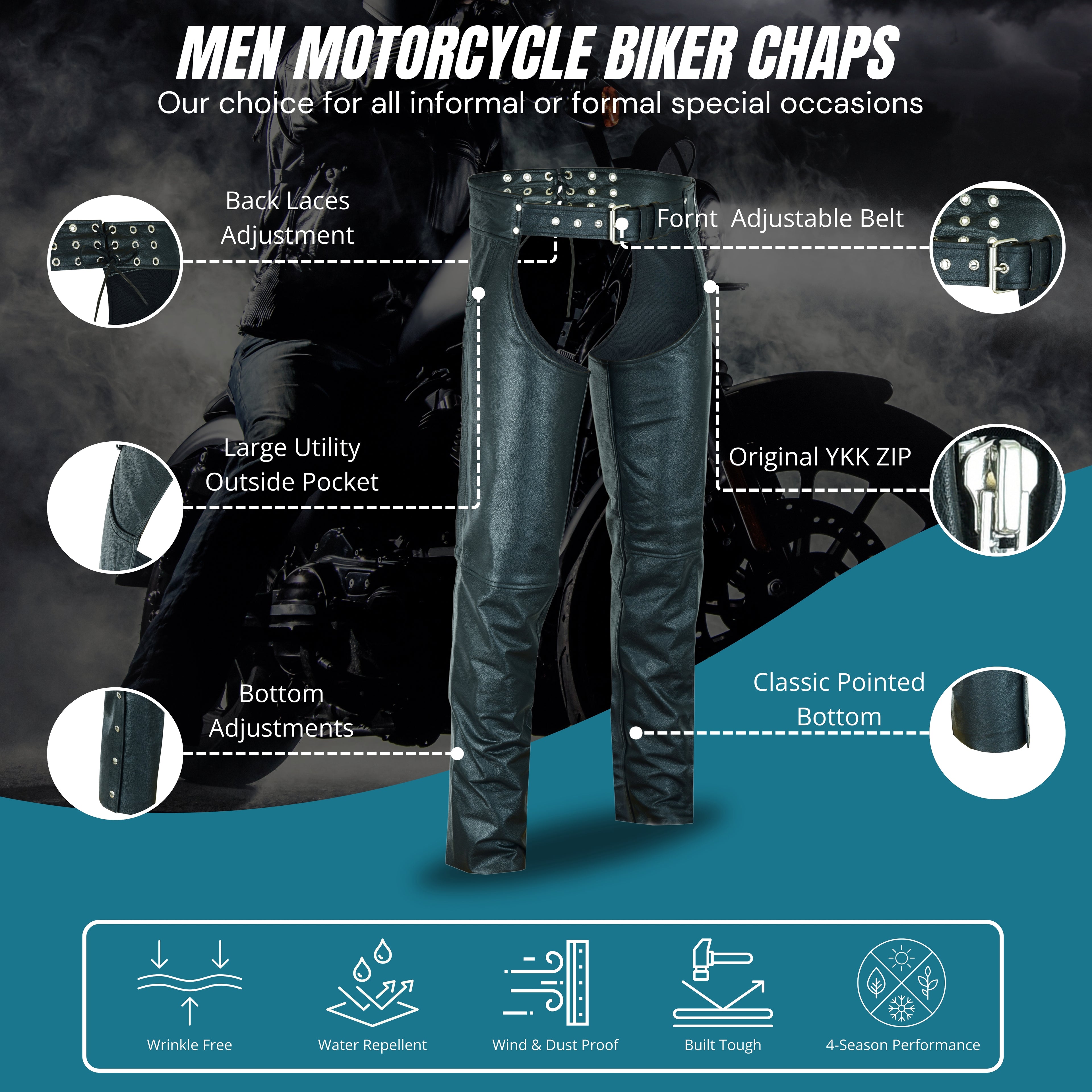 Men's Classic Black Leather Motorcycle Chaps with Jeans-Style Pockets