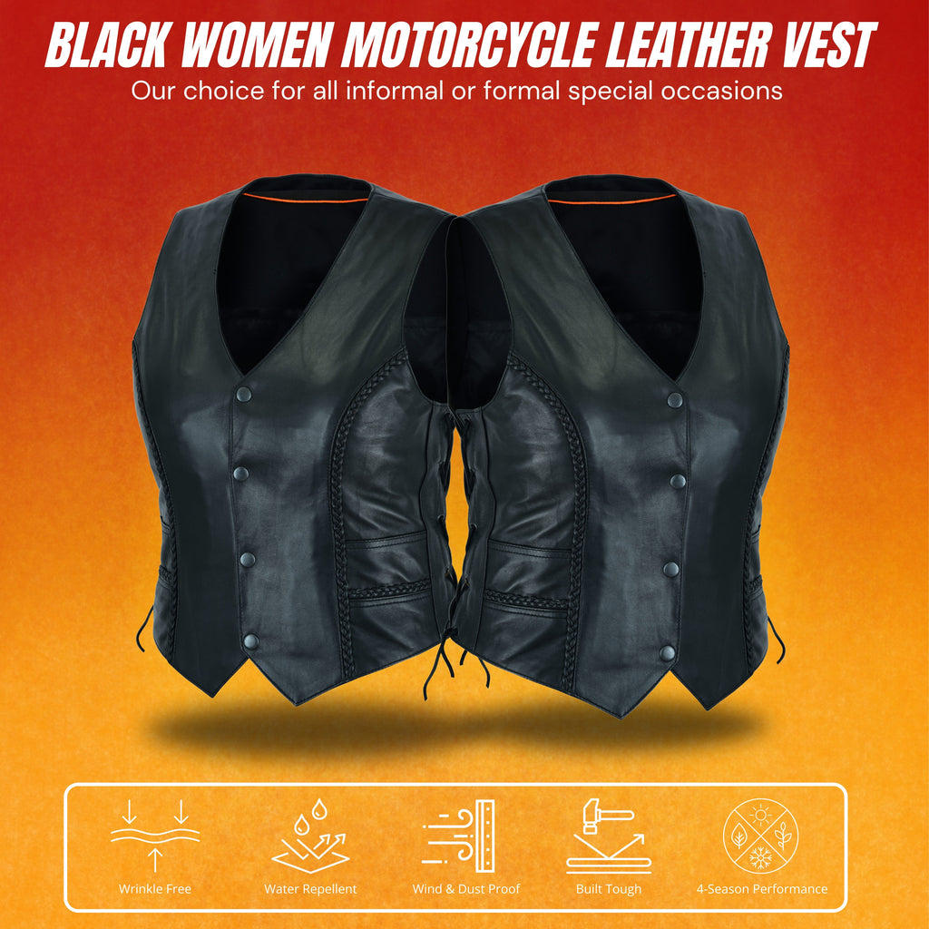 Motorcycle Women’s Braided Leather Vest – Classic Biker Style by Rexons