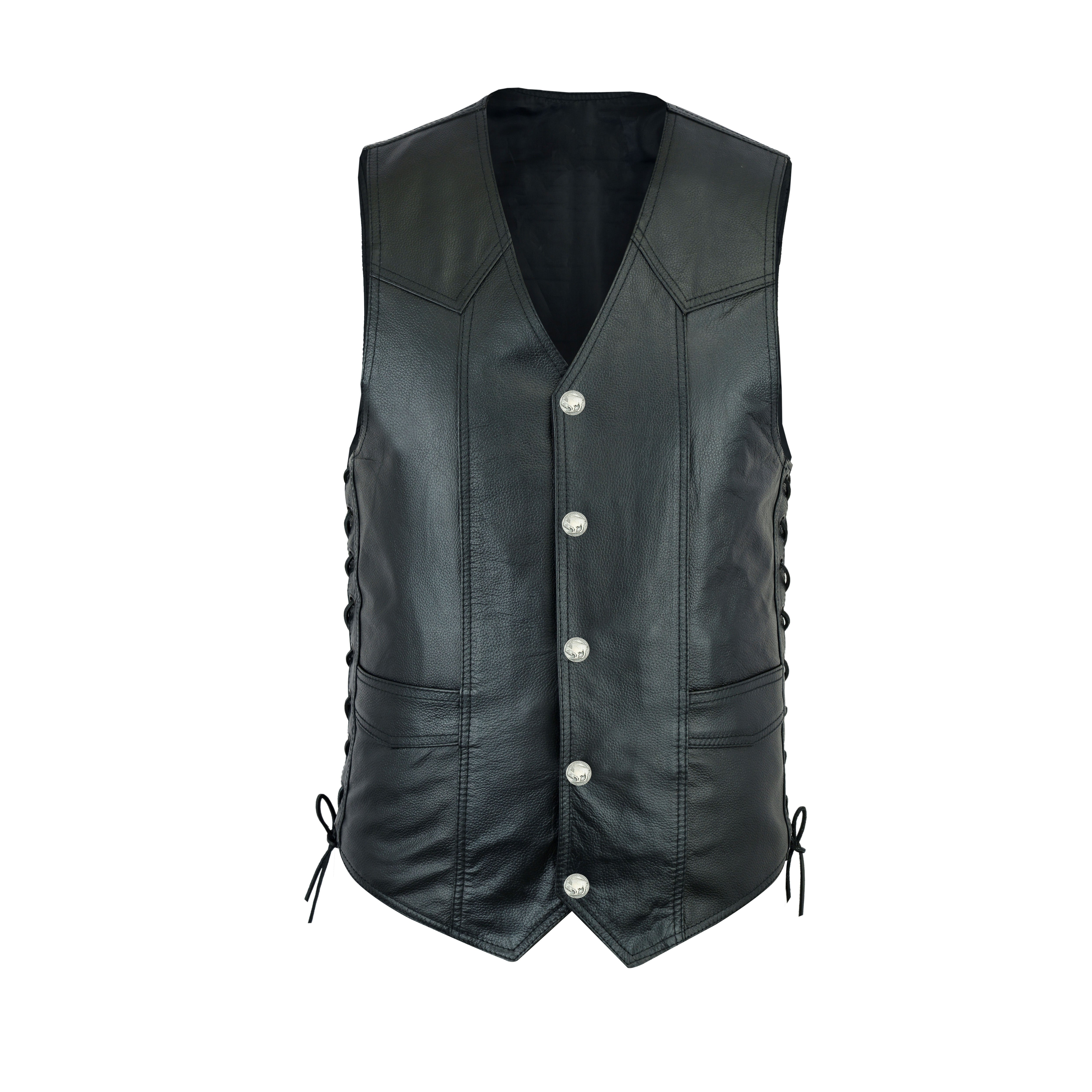 HL11614SPT Men's Classic Leather Motorcycle Vest – Western Cut with Gun Pockets, Side Lacing, and Easy Biker Patch Access