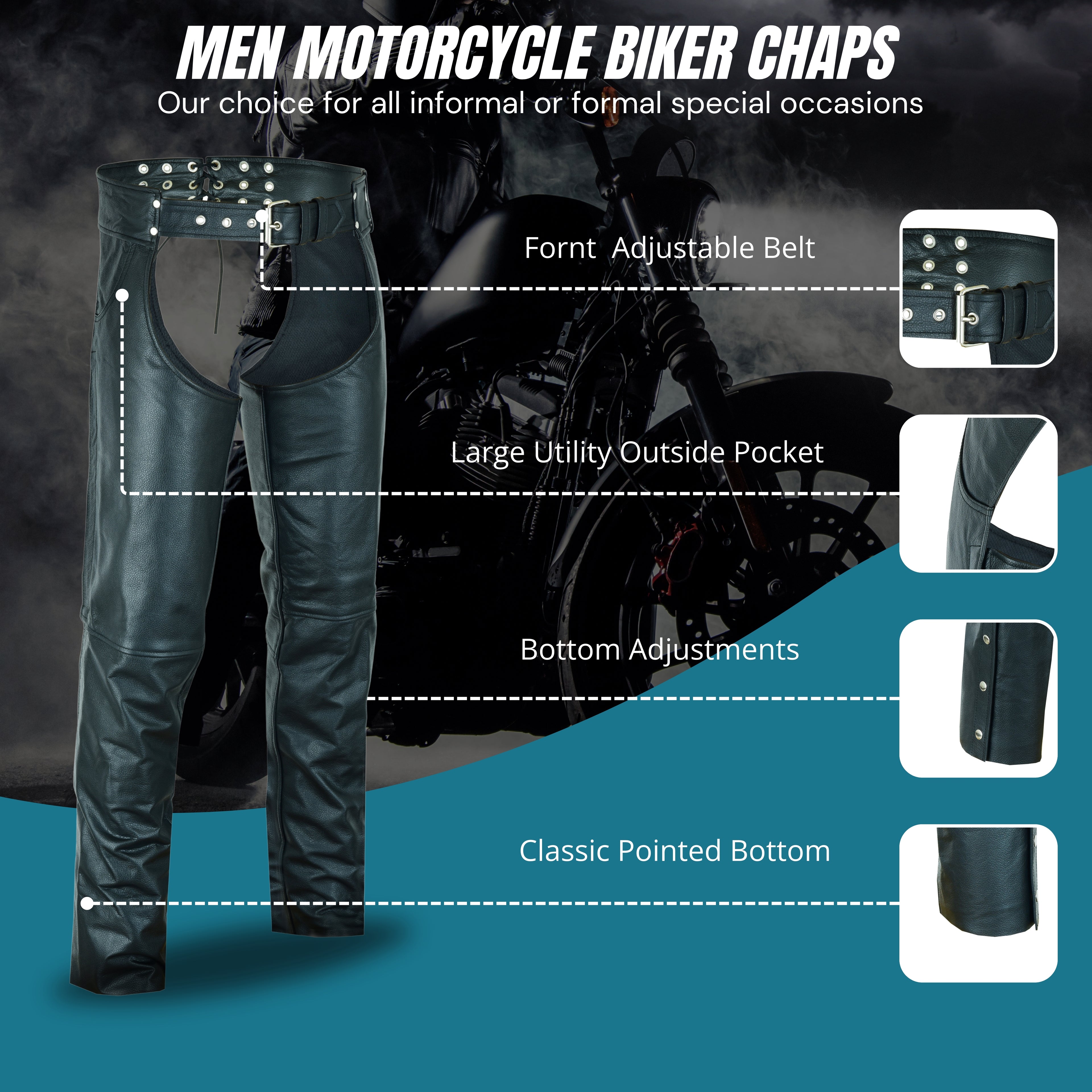 Men's Classic Black Leather Motorcycle Chaps with Jeans-Style Pockets