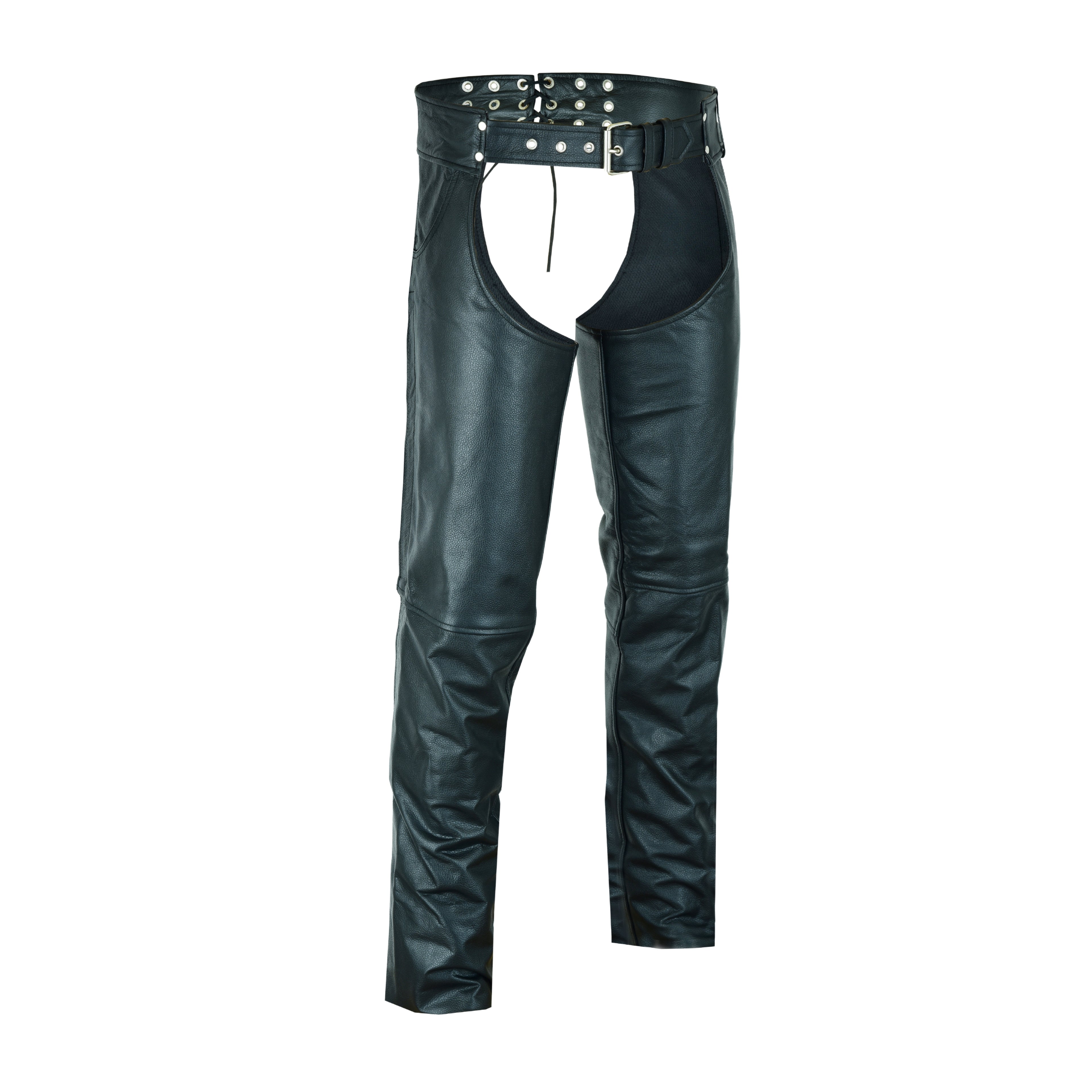 Men's Classic Black Leather Motorcycle Chaps with Jeans-Style Pockets