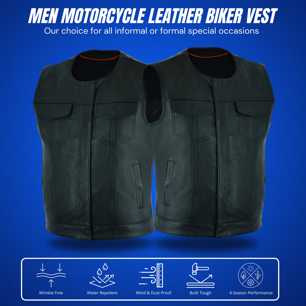 Men's SOA Style Motorcycle Vest – Genuine Cowhide Leather, Collarless Design with Dual Gun Pockets and Club Patch Back