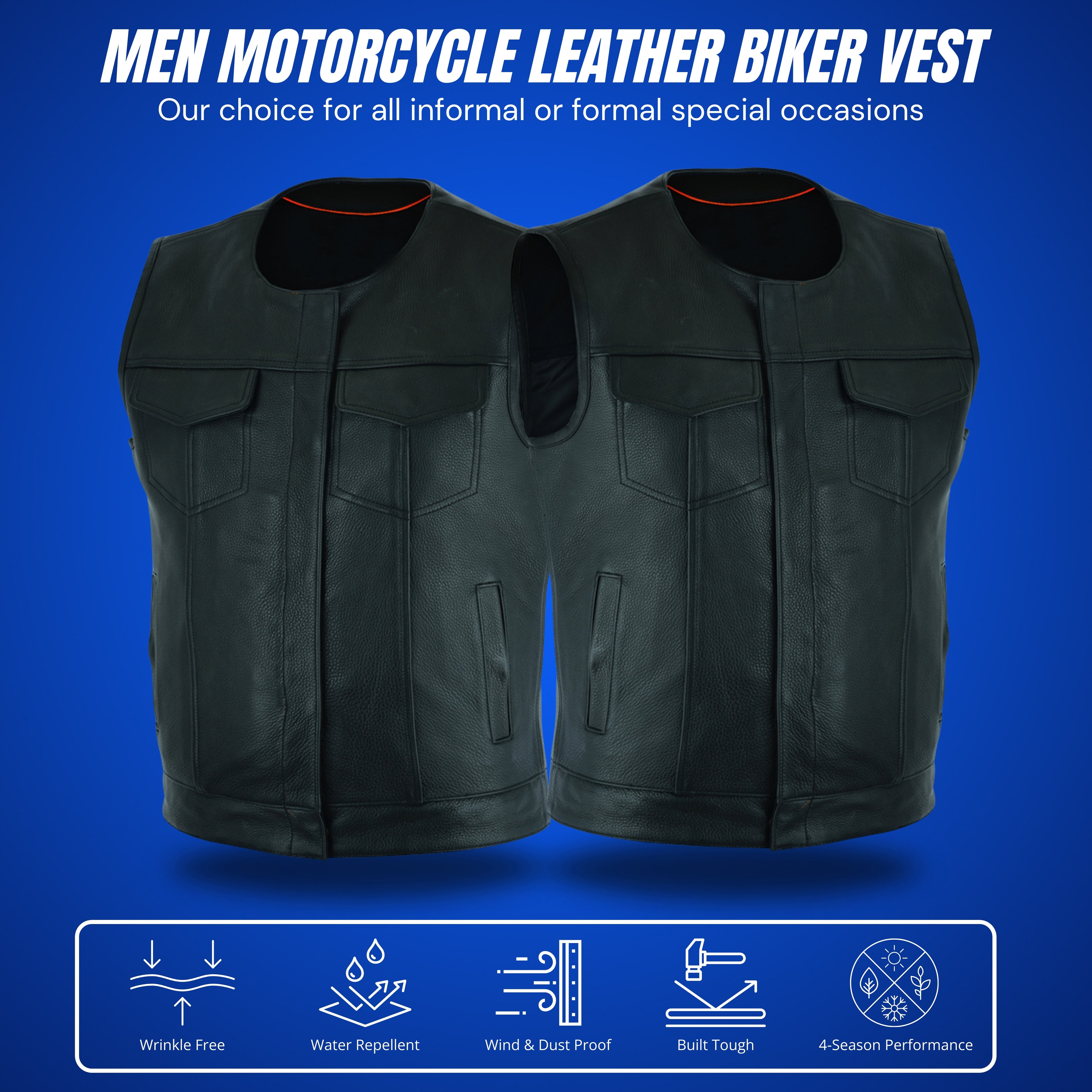 Men's SOA Style Motorcycle Vest – Genuine Cowhide Leather, Collarless Design with Dual Gun Pockets and Club Patch Back