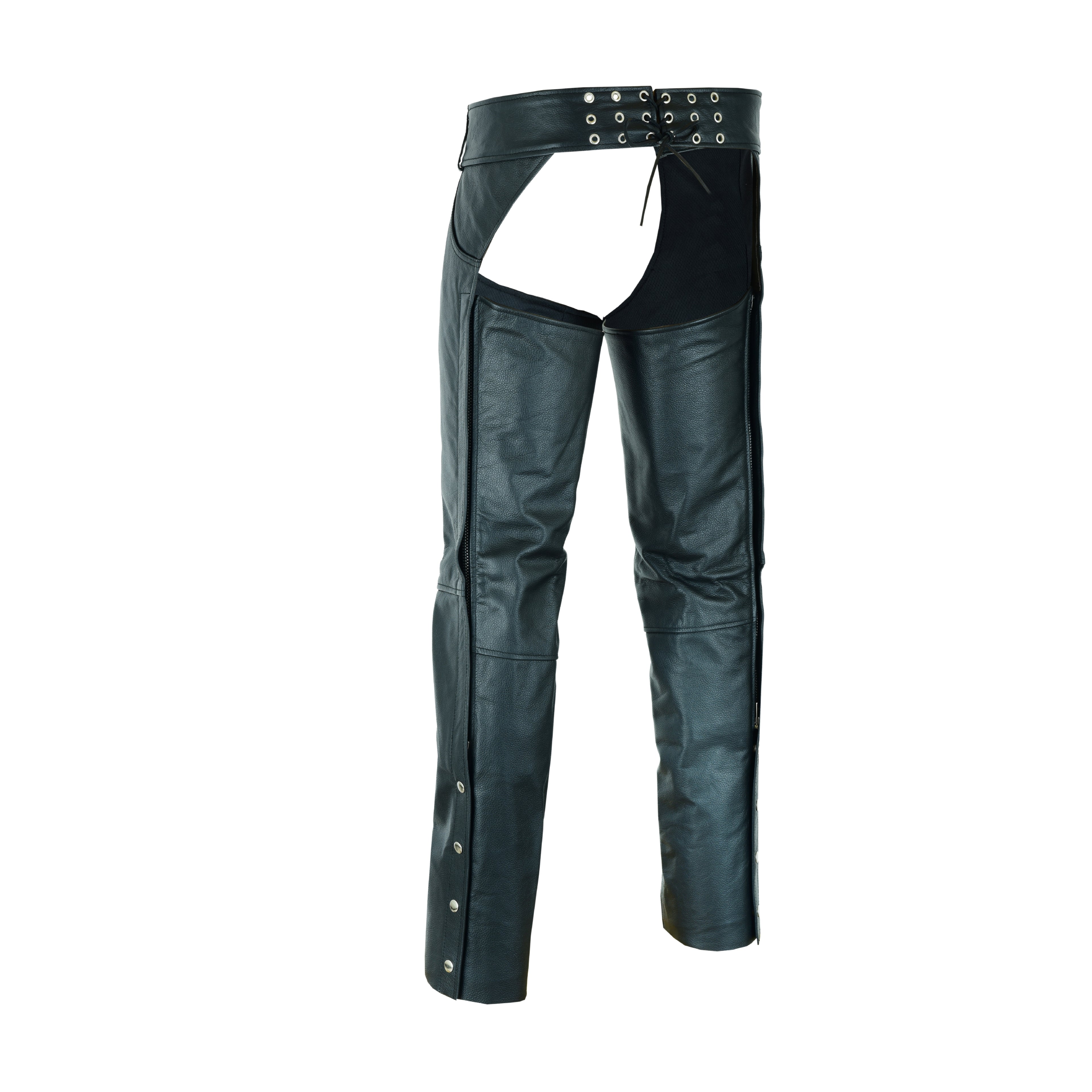 Men's Classic Black Leather Motorcycle Chaps with Jeans-Style Pockets
