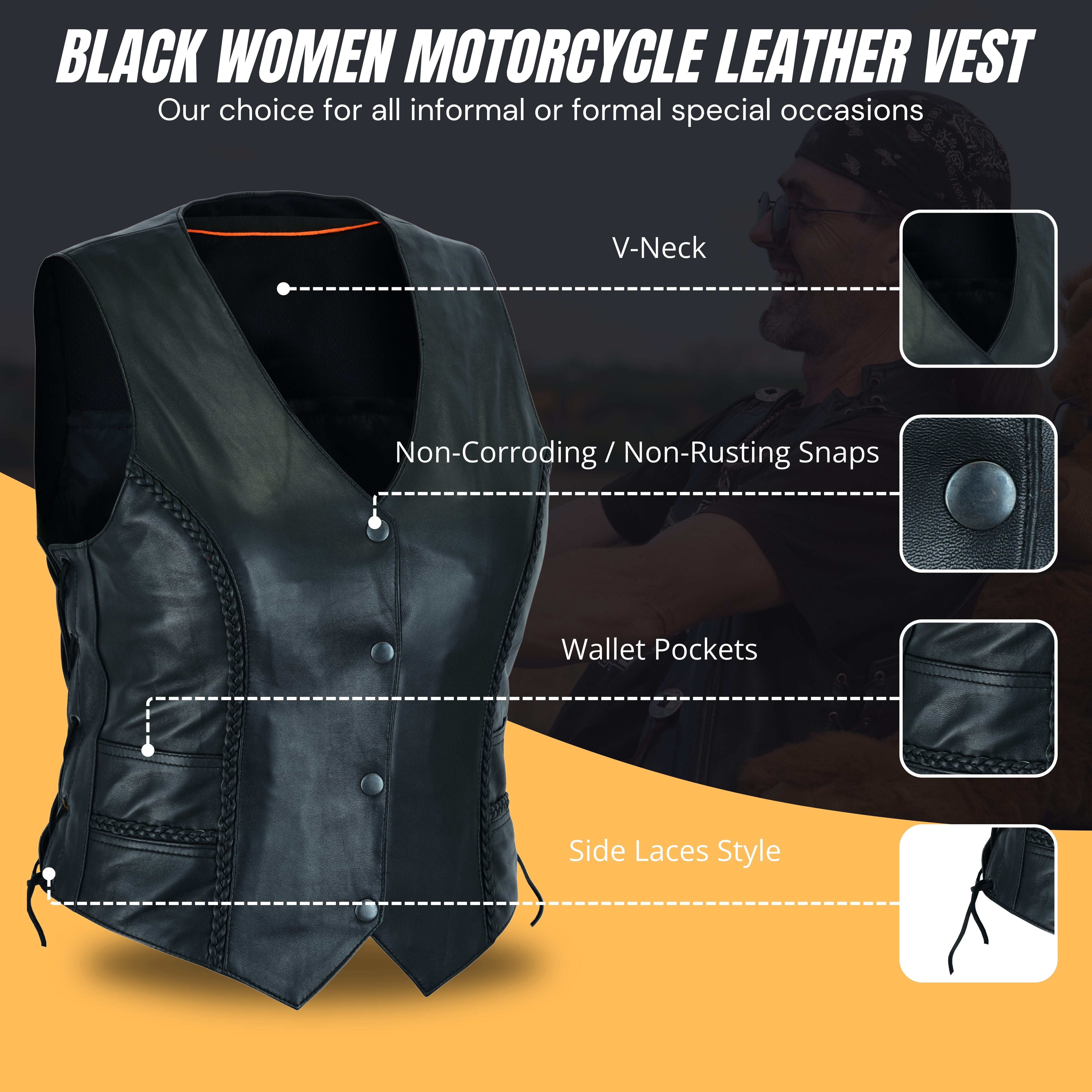 Motorcycle Women’s Braided Leather Vest – Classic Biker Style by Rexons