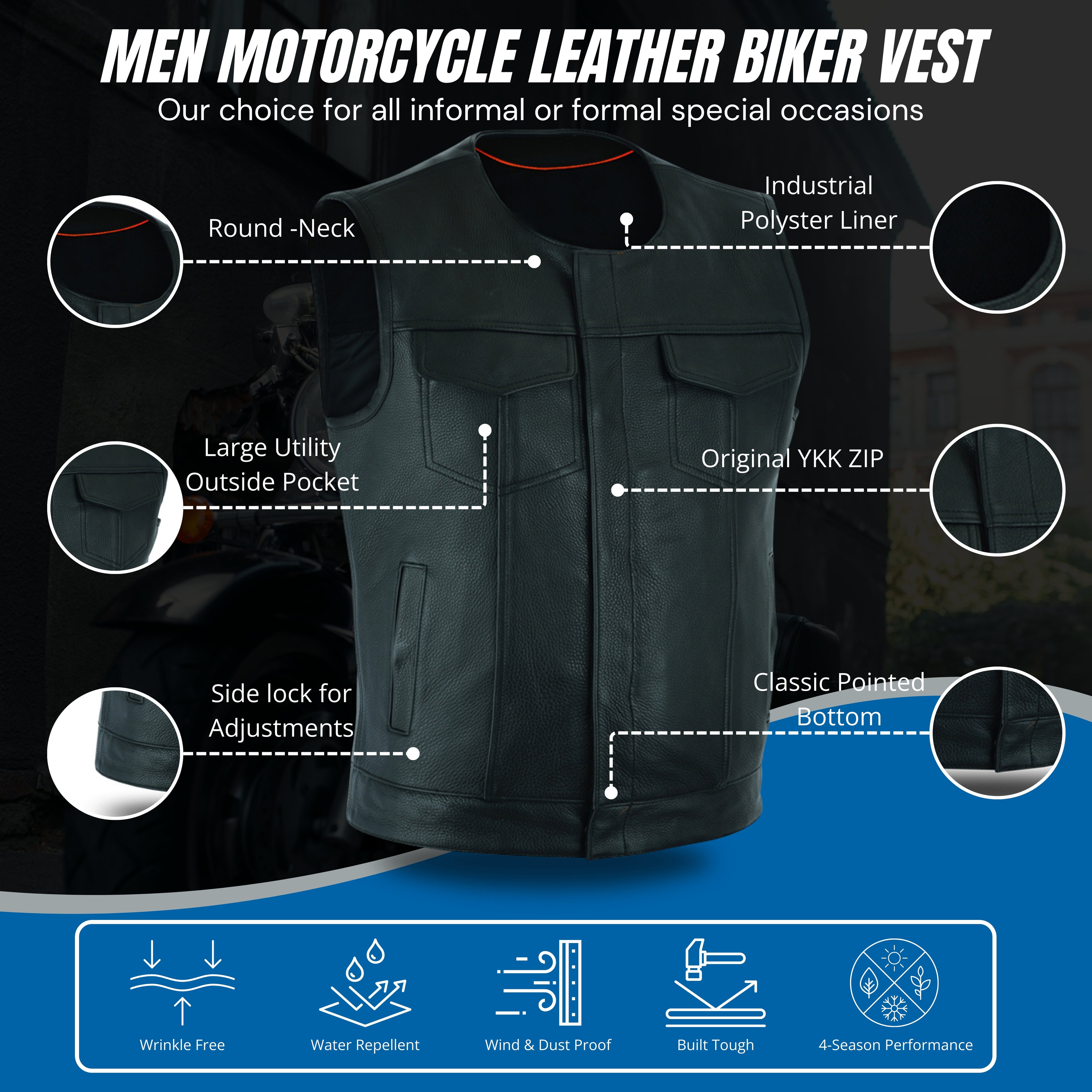Men's SOA Style Motorcycle Vest – Genuine Cowhide Leather, Collarless Design with Dual Gun Pockets and Club Patch Back