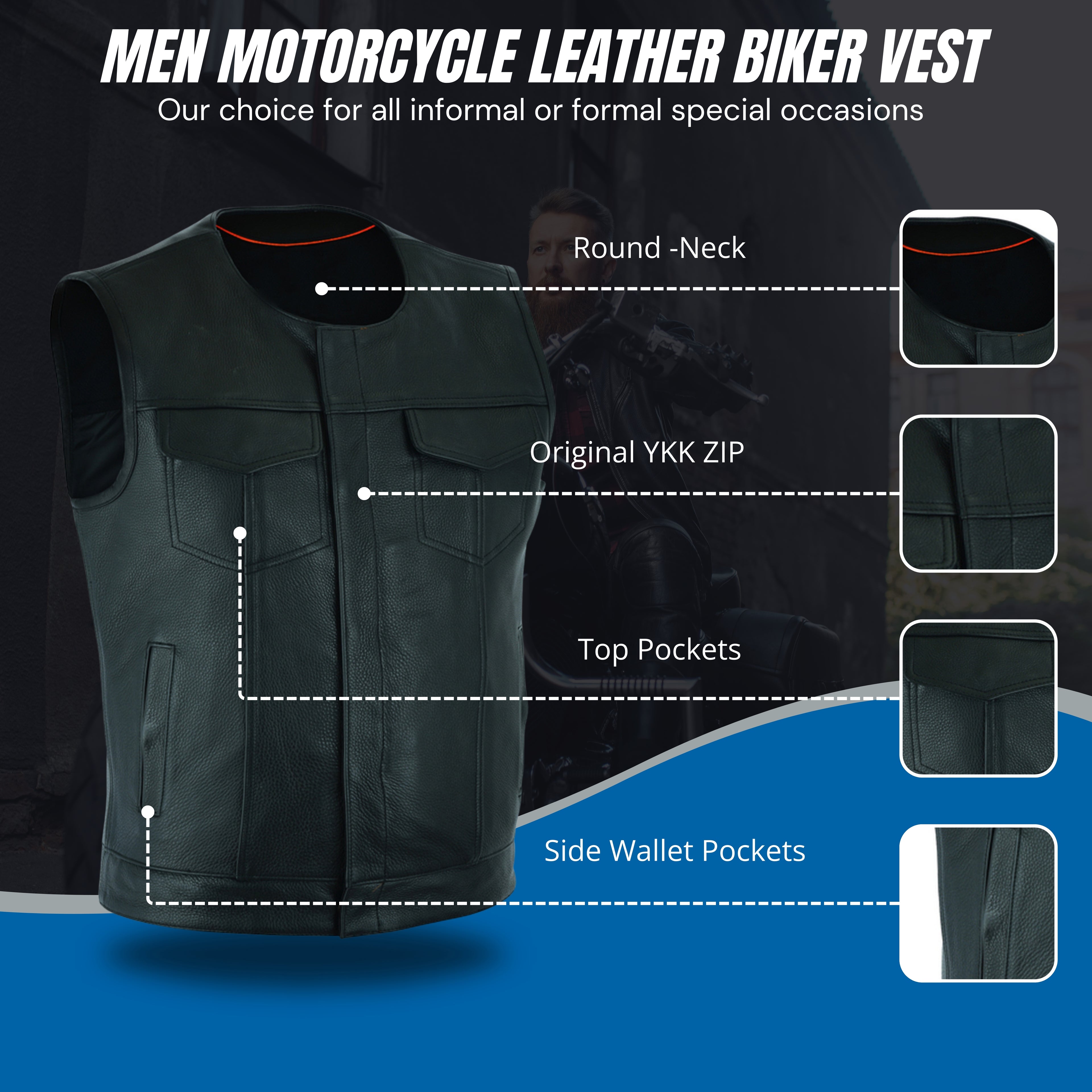 Men's SOA Style Motorcycle Vest – Genuine Cowhide Leather, Collarless Design with Dual Gun Pockets and Club Patch Back