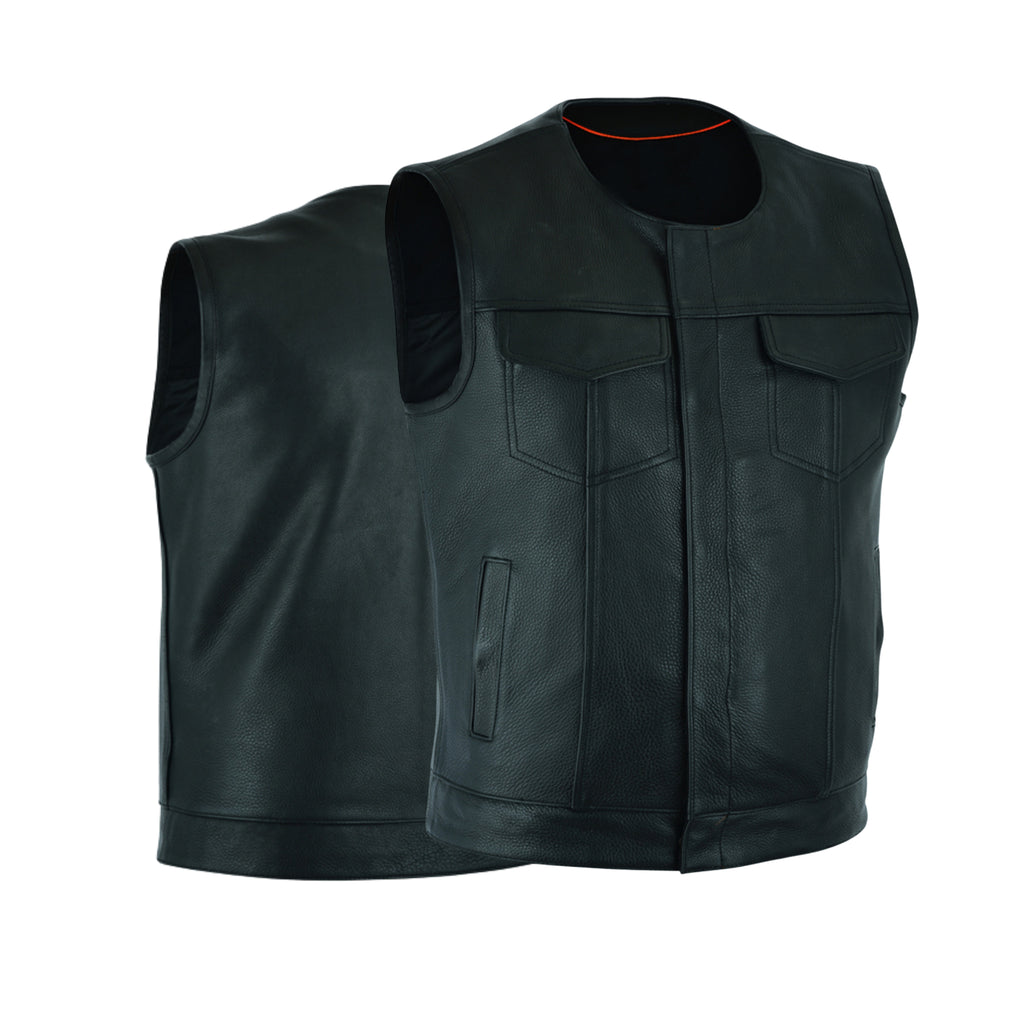 Men's SOA Style Motorcycle Vest – Genuine Cowhide Leather, Collarless Design with Dual Gun Pockets and Club Patch Back