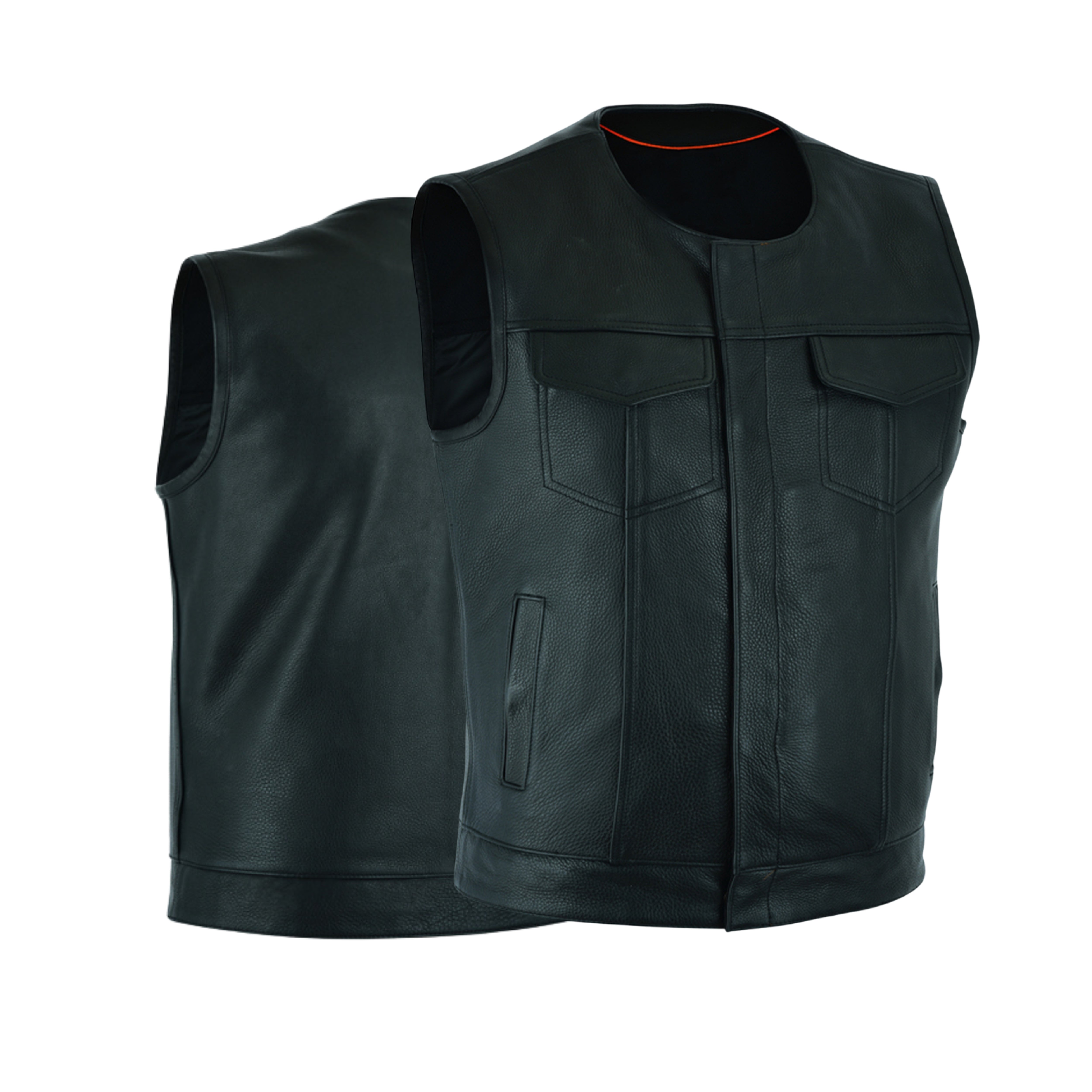 Men's SOA Style Motorcycle Vest – Genuine Cowhide Leather, Collarless Design with Dual Gun Pockets and Club Patch Back