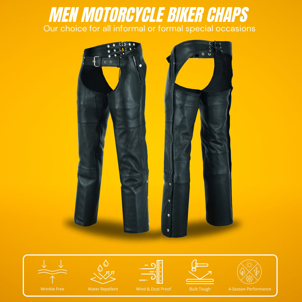 A&H Apparel Men’s Premium Cowhide Leather Motorcycle Chaps – Elastic Fit for Comfort & Flexibility