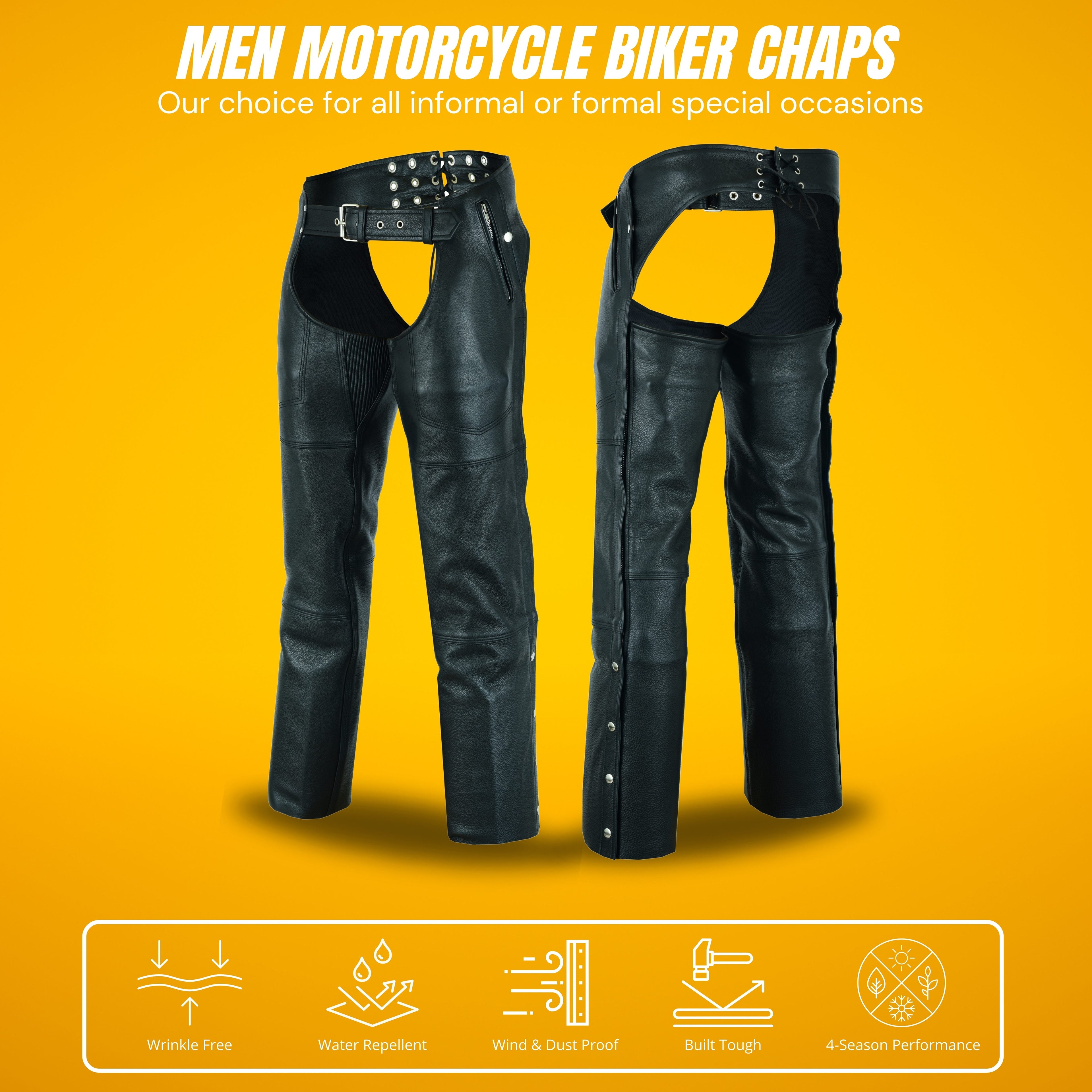 A&H Apparel Men’s Premium Cowhide Leather Motorcycle Chaps – Elastic Fit for Comfort & Flexibility