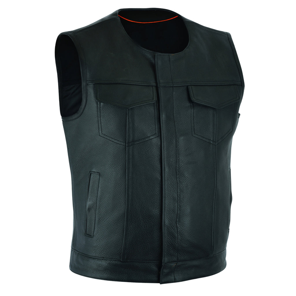 Men's SOA Style Motorcycle Vest – Genuine Cowhide Leather, Collarless Design with Dual Gun Pockets and Club Patch Back