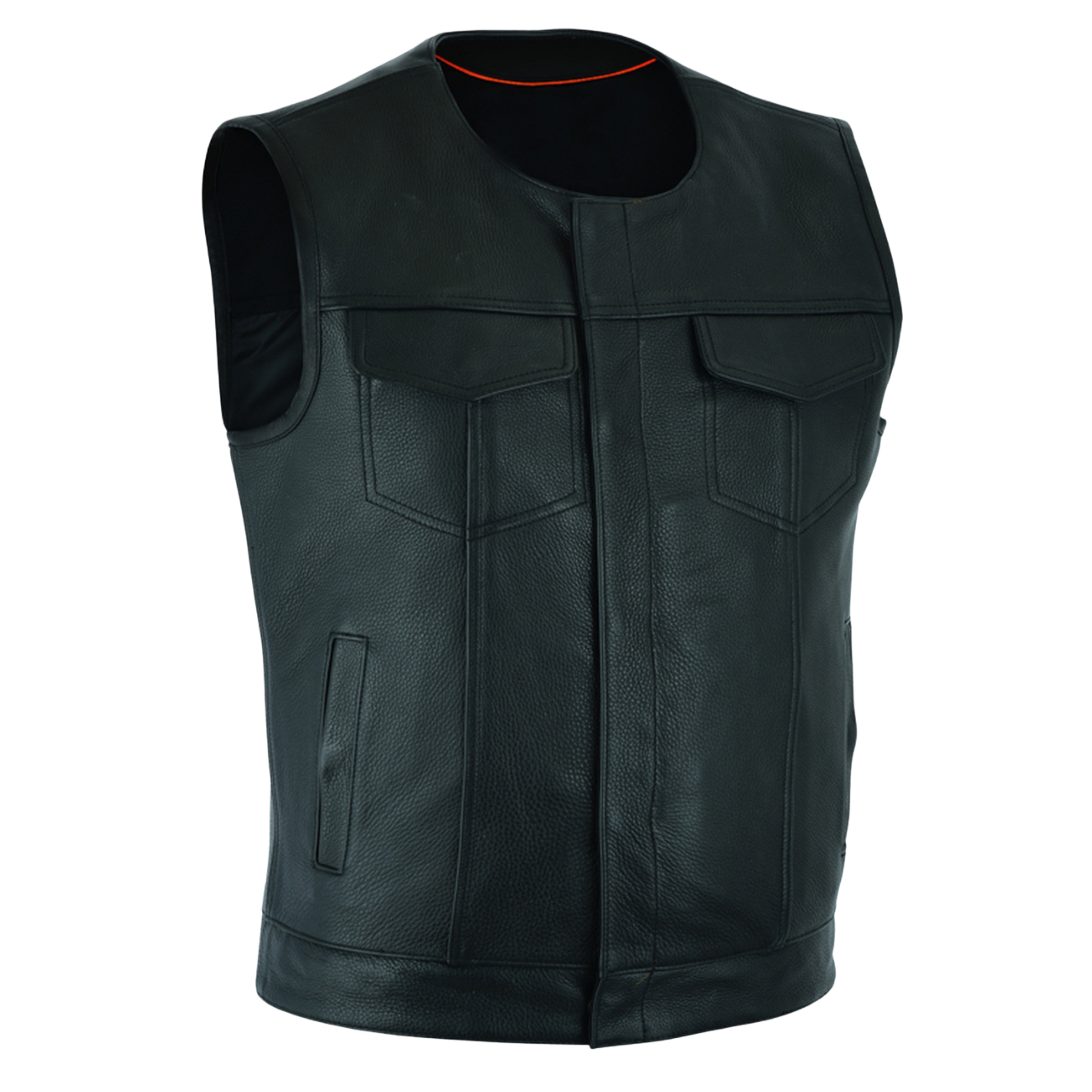 Men's SOA Style Motorcycle Vest – Genuine Cowhide Leather, Collarless Design with Dual Gun Pockets and Club Patch Back