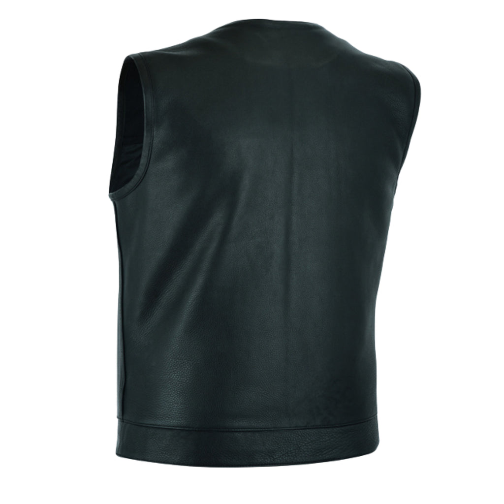 Men's SOA Style Motorcycle Vest – Genuine Cowhide Leather, Collarless Design with Dual Gun Pockets and Club Patch Back