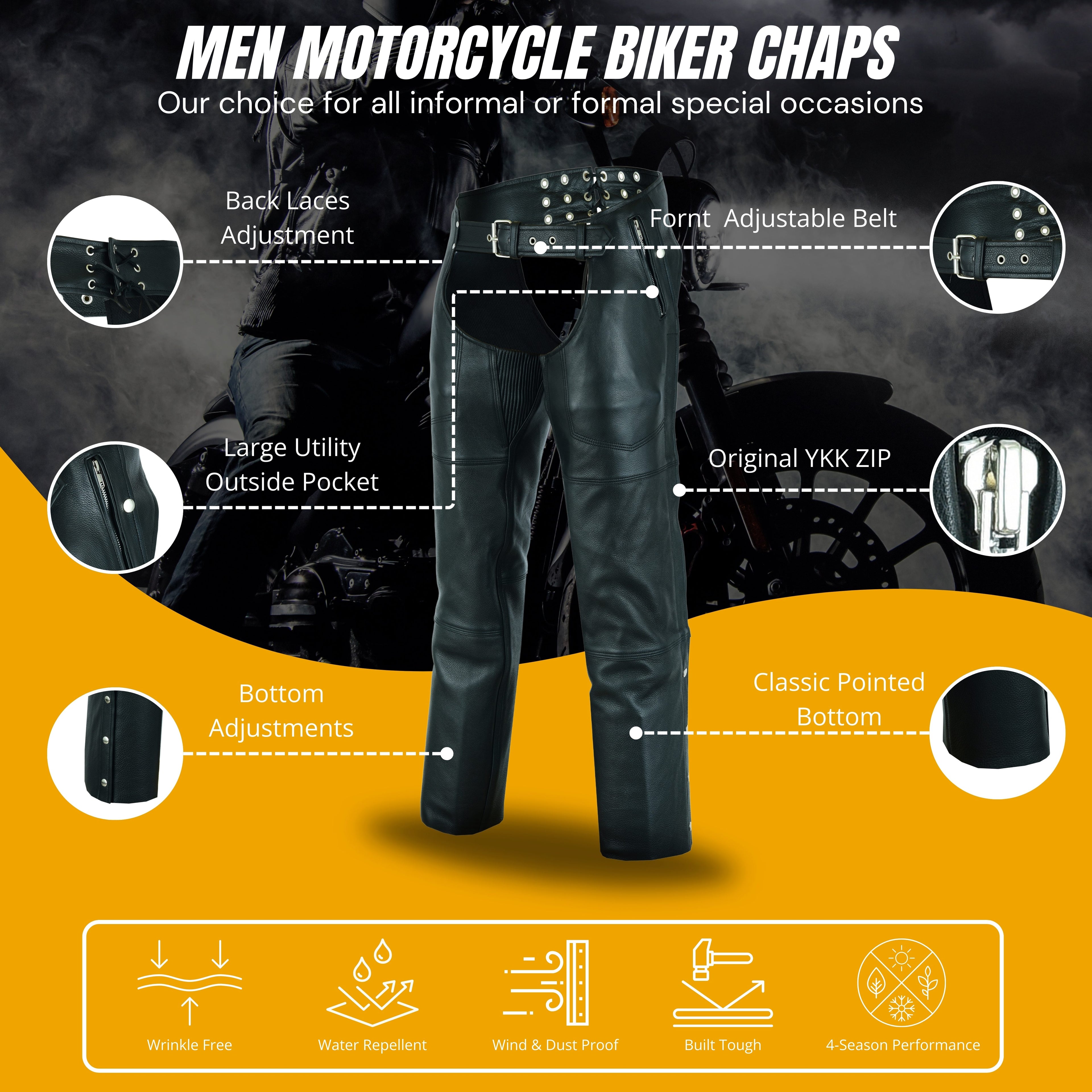 A&H Apparel Men’s Premium Cowhide Leather Motorcycle Chaps – Elastic Fit for Comfort & Flexibility