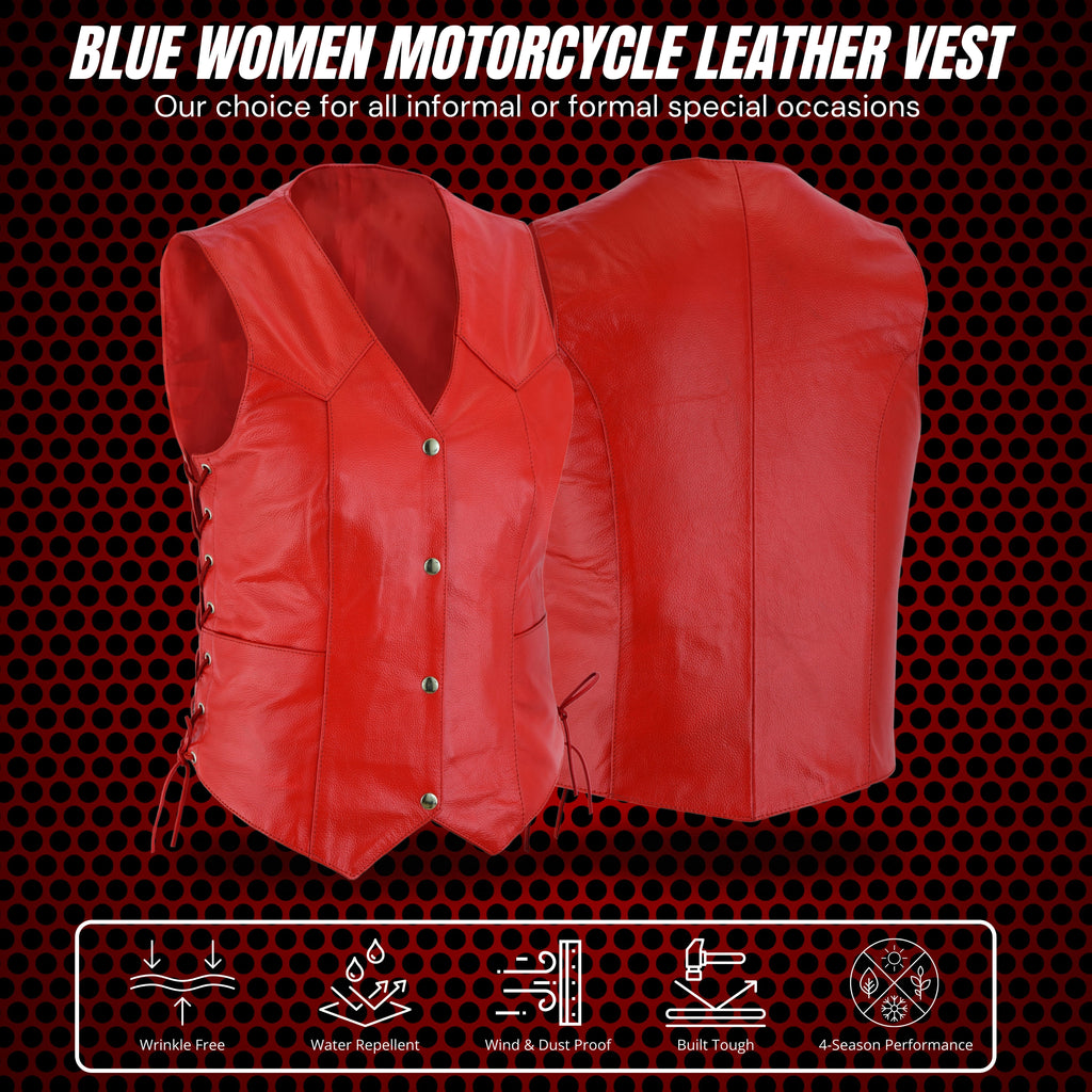 Women’s Red Soft Leather Biker Motorcycle Vest with Black Concealed Carry Pockets – by Rexons