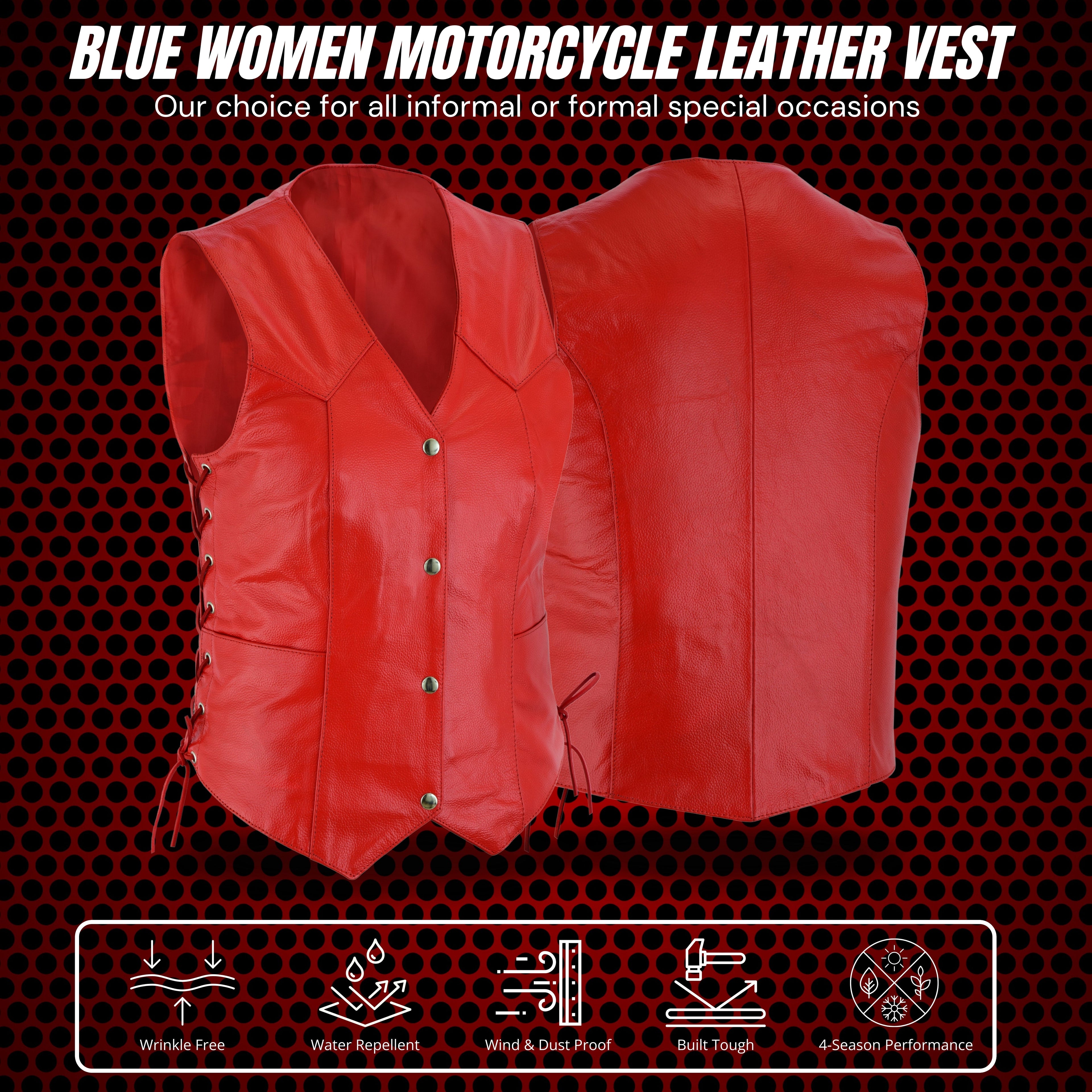 Women’s Red Soft Leather Biker Motorcycle Vest with Black Concealed Carry Pockets – by Rexons