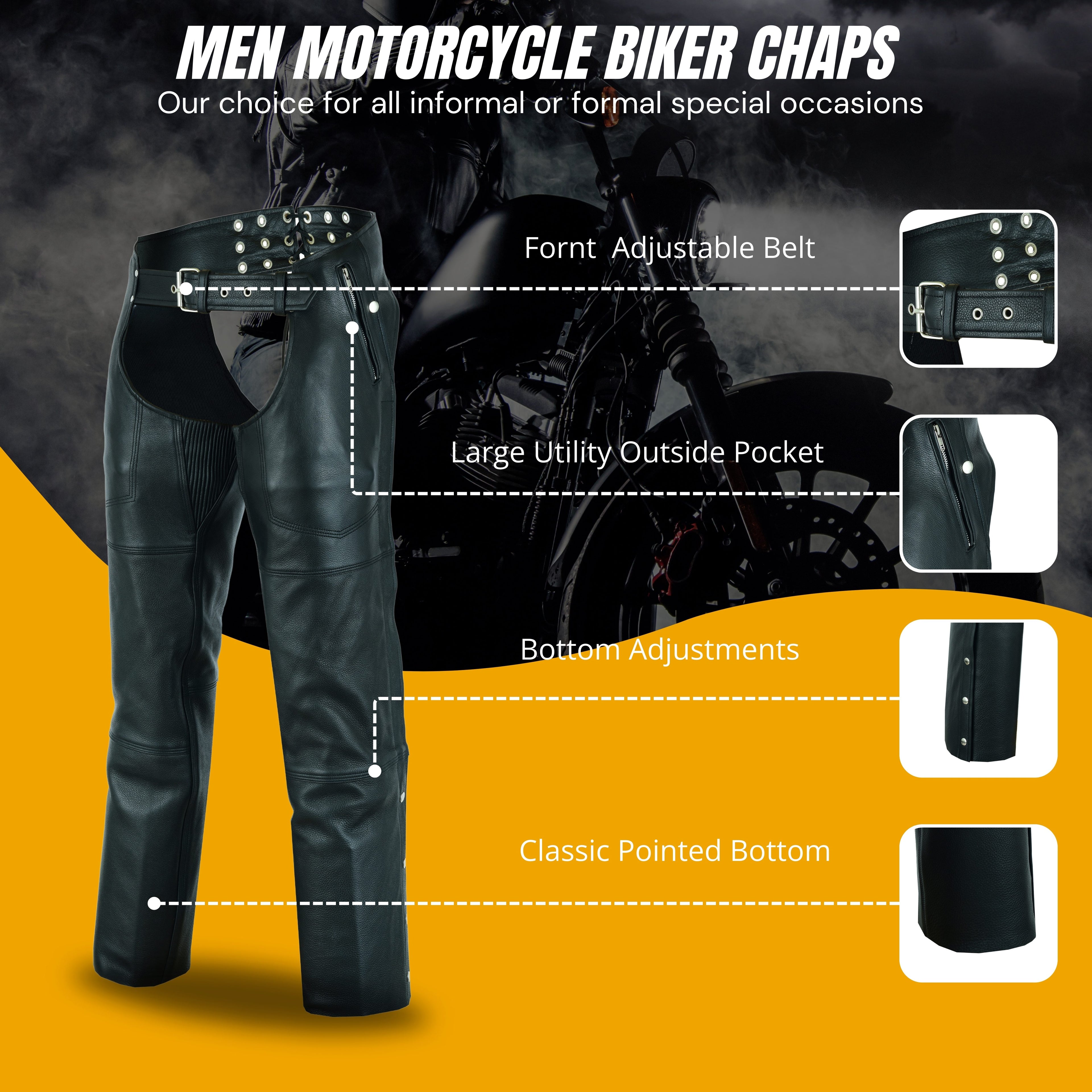 A&H Apparel Men’s Premium Cowhide Leather Motorcycle Chaps – Elastic Fit for Comfort & Flexibility