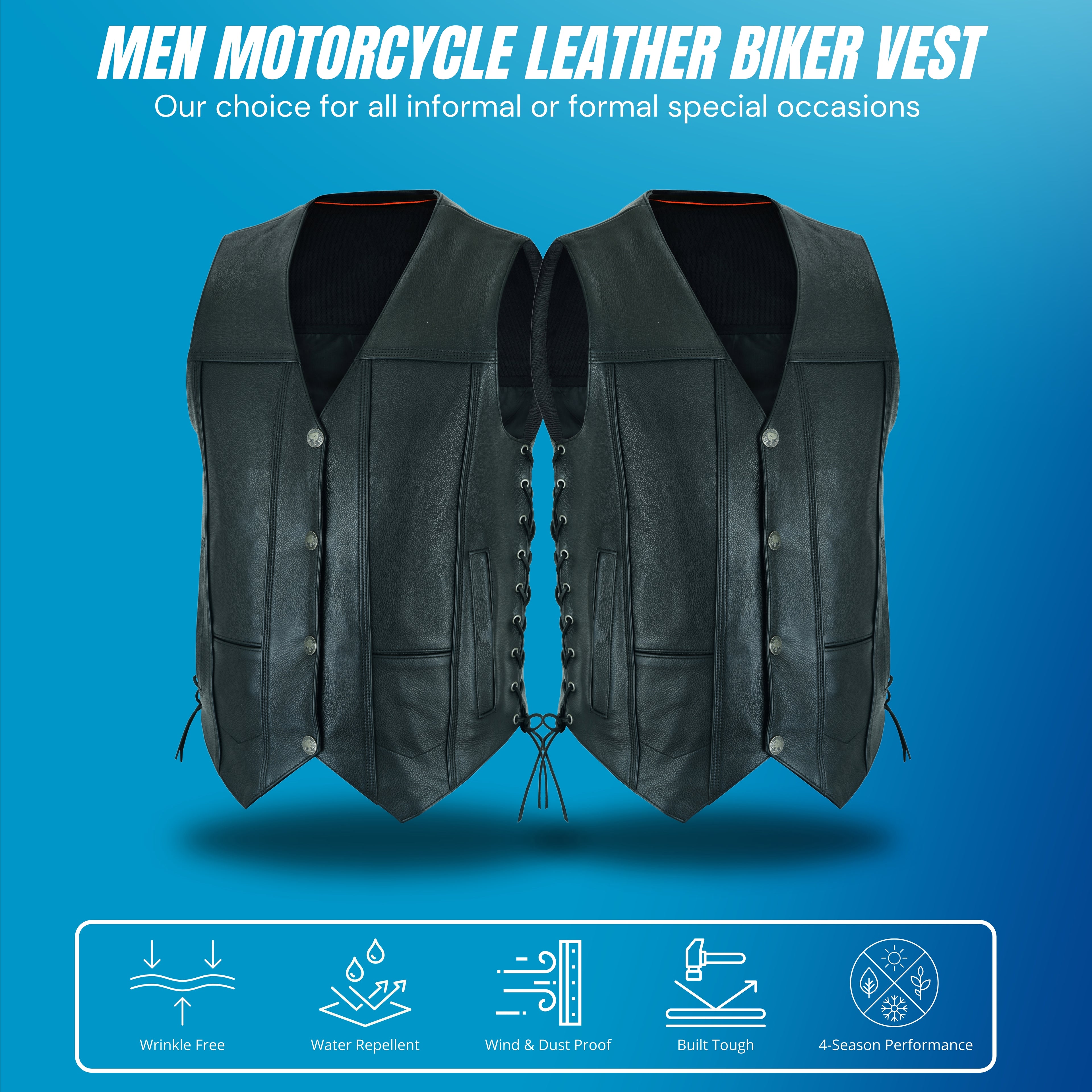 Men’s Black Classic V-Neck Motorcycle Vest – Premium Buffalo Leather Biker Vest with Snap Closure & Patch-Friendly Back