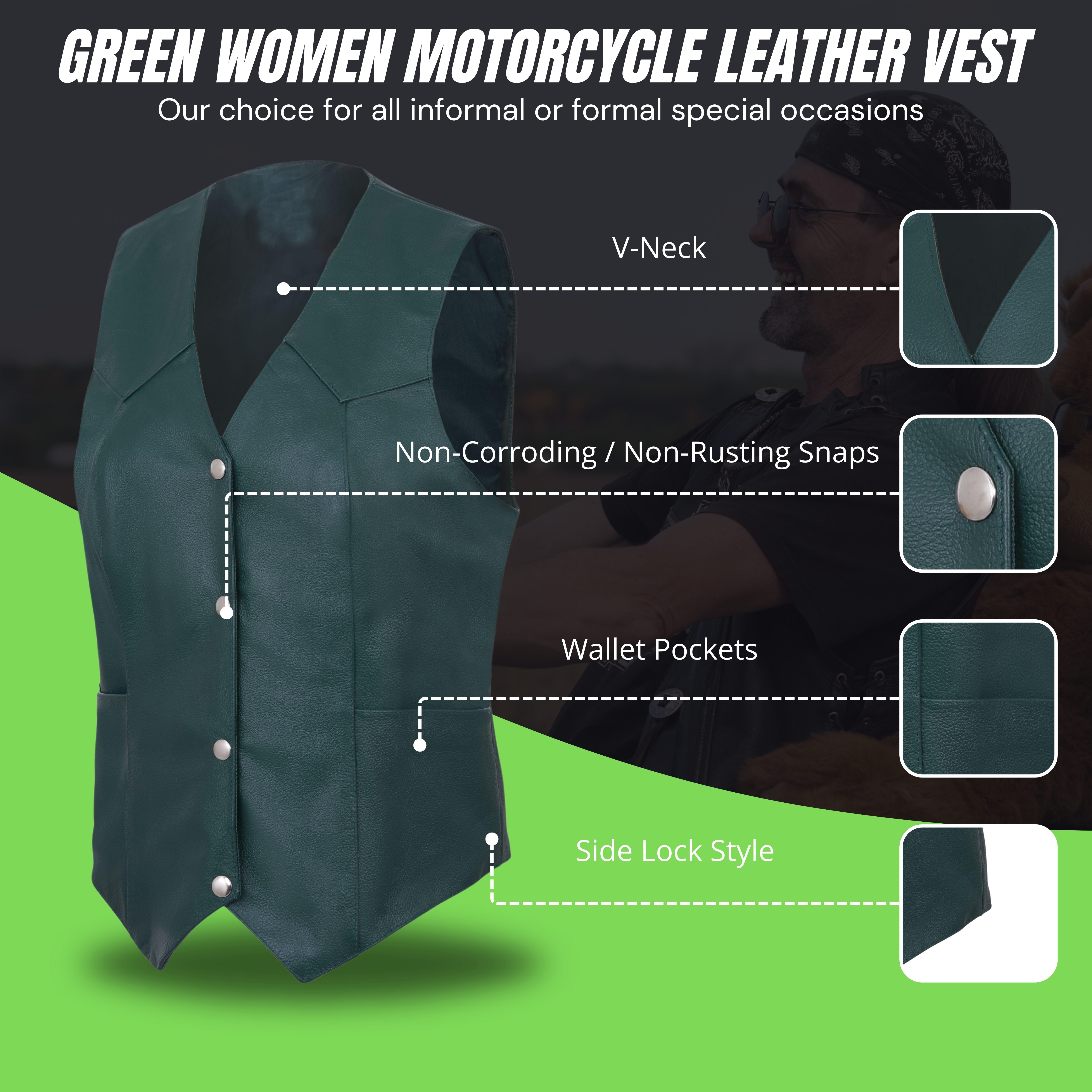 Women’s Soft Leather Motorcycle Biker Vest – Classic Sleeveless Riding Vest by Rexons
