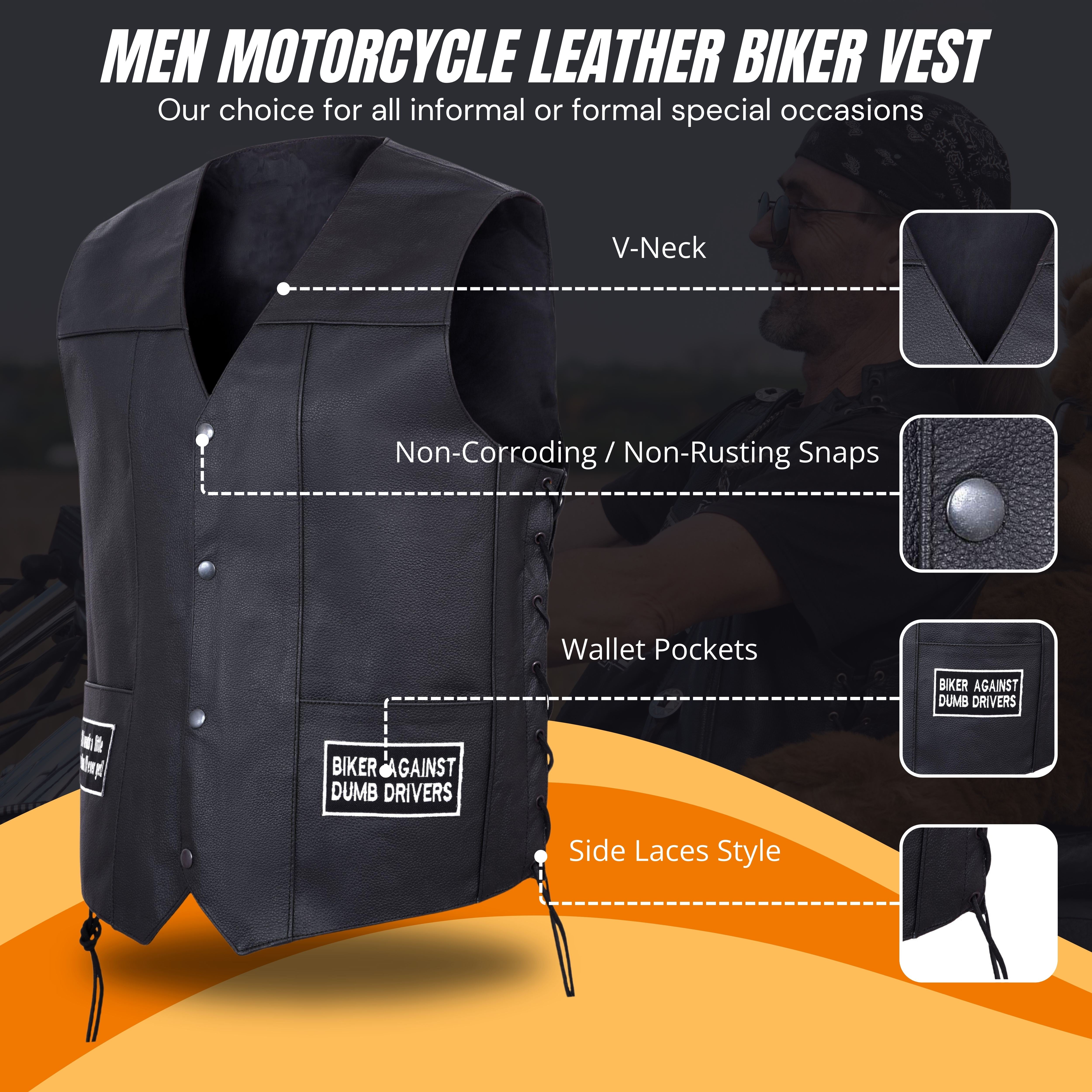 Men’s Motorcycle Leather Vest – USA Flag & American Eagle Design – Premium Biker Club Cut with Concealed Gun Pocket