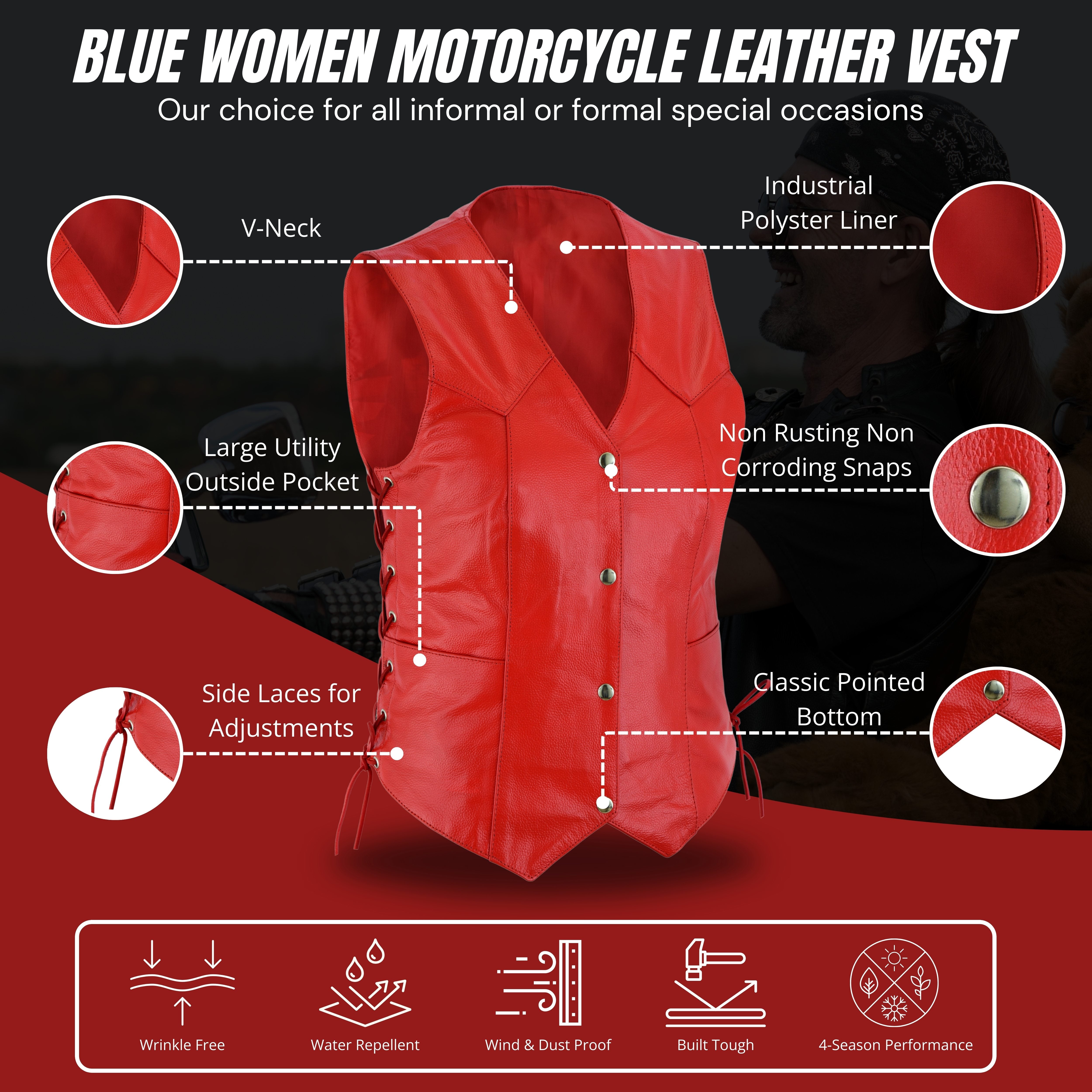 Women’s Red Soft Leather Biker Motorcycle Vest with Black Concealed Carry Pockets – by Rexons
