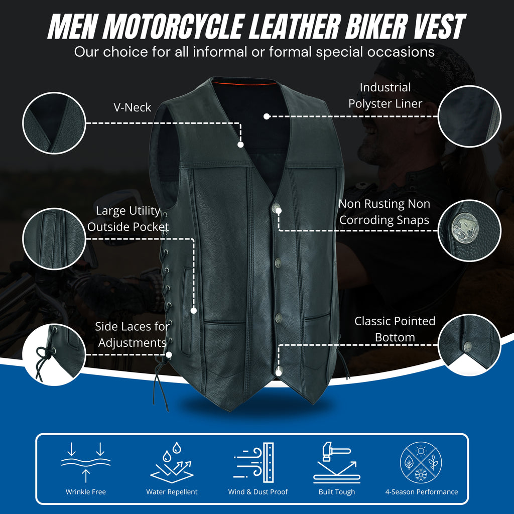 Men’s Black Classic V-Neck Motorcycle Vest – Premium Buffalo Leather Biker Vest with Snap Closure & Patch-Friendly Back