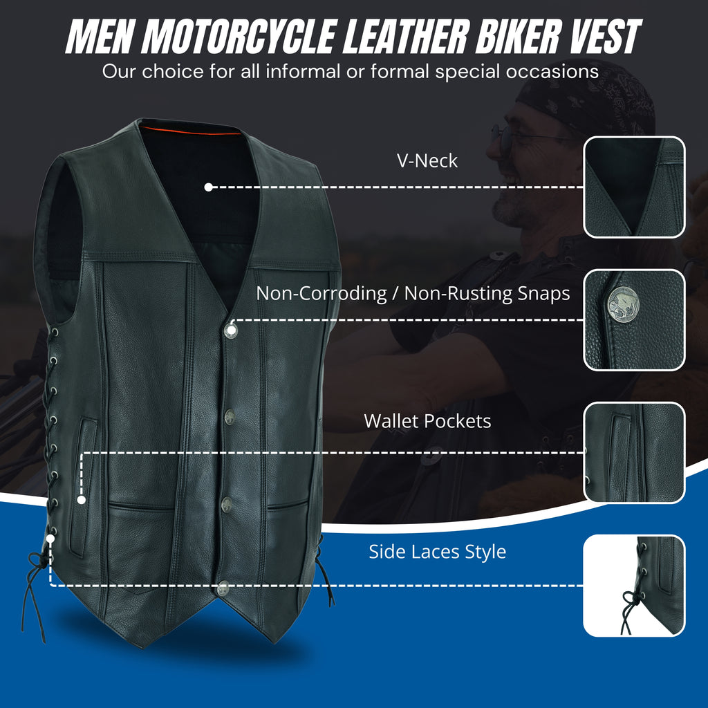 Men’s Black Classic V-Neck Motorcycle Vest – Premium Buffalo Leather Biker Vest with Snap Closure & Patch-Friendly Back