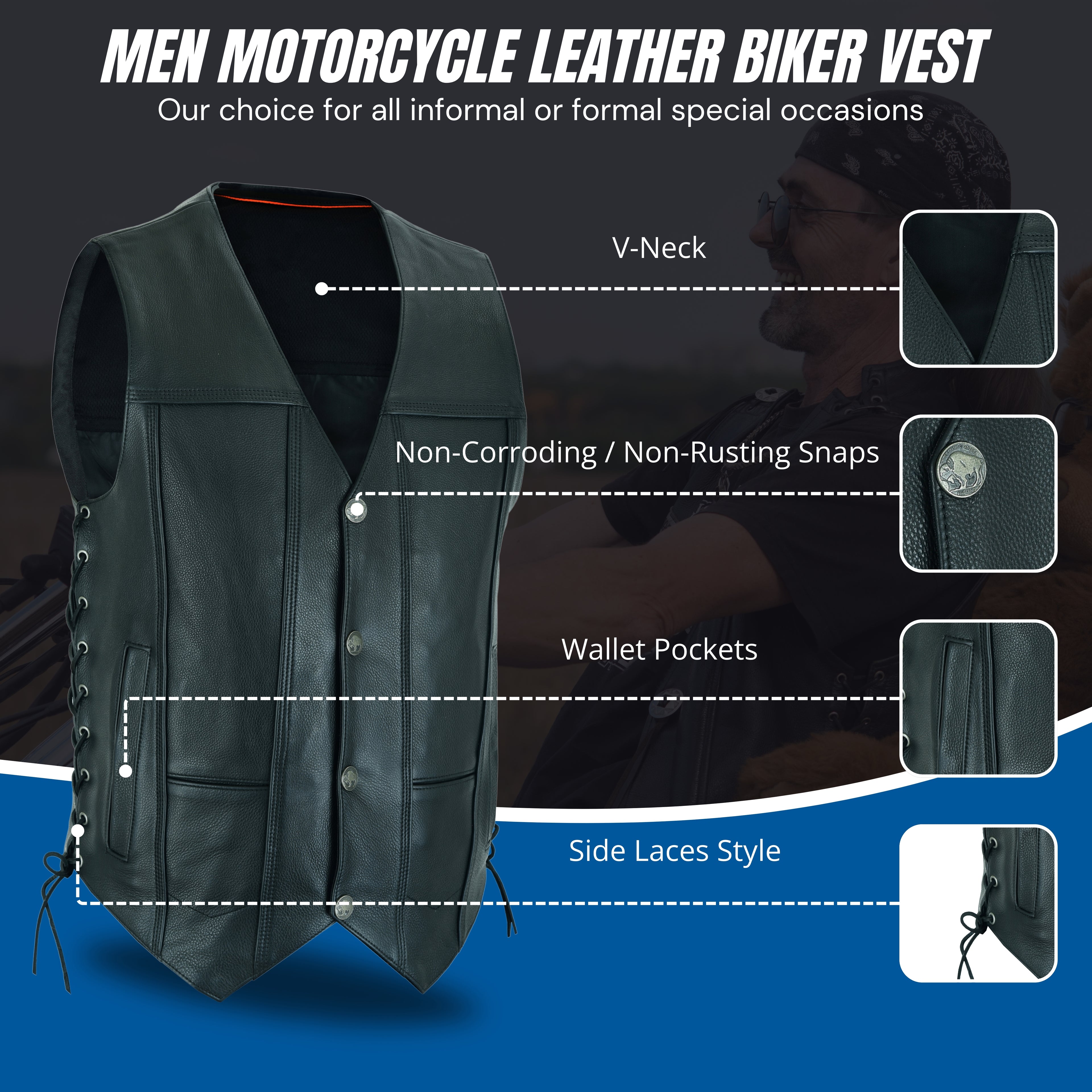 Men’s Black Classic V-Neck Motorcycle Vest – Premium Buffalo Leather Biker Vest with Snap Closure & Patch-Friendly Back