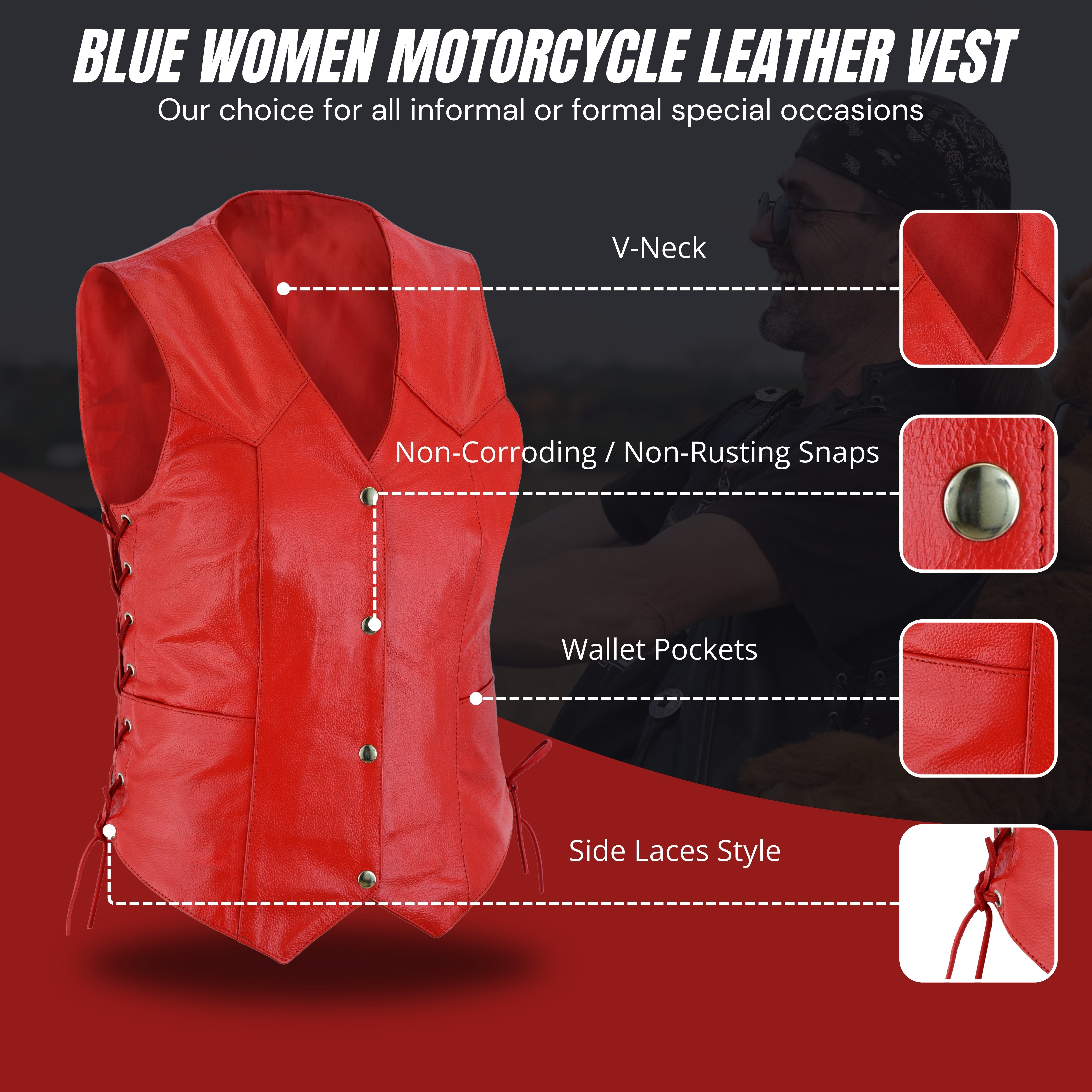 Women’s Red Soft Leather Biker Motorcycle Vest with Black Concealed Carry Pockets – by Rexons