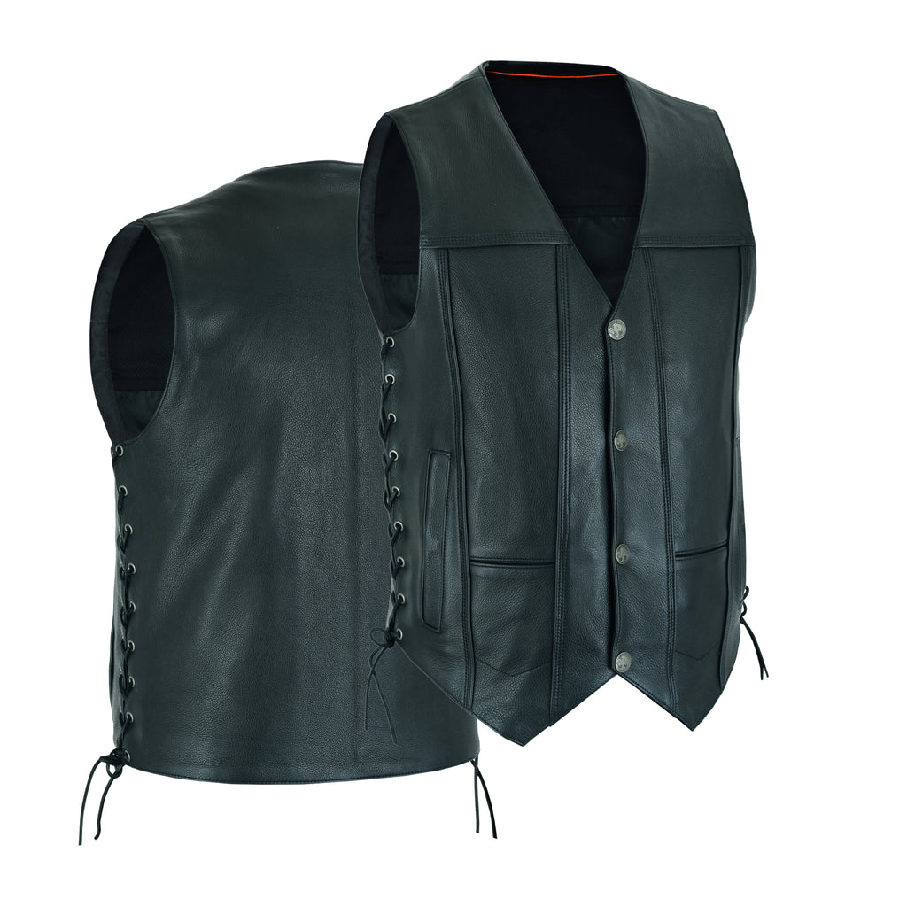 Men’s Black Classic V-Neck Motorcycle Vest – Premium Buffalo Leather Biker Vest with Snap Closure & Patch-Friendly Back